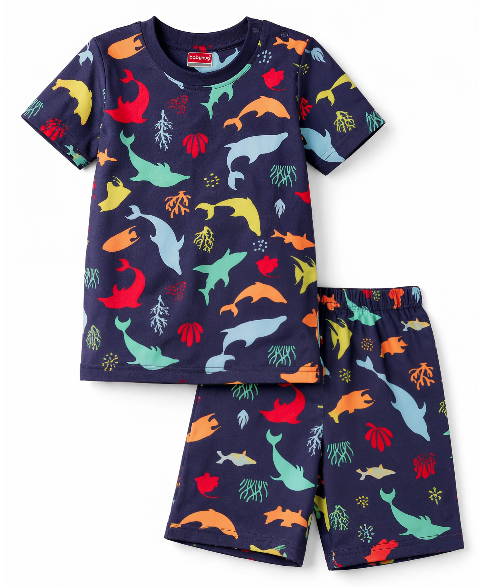 Babyhug Cotton Knit Half Sleeves Sea Life Printed Co-Ords T-Shirt & Shorts Night Suit - Navy Blue-image-48