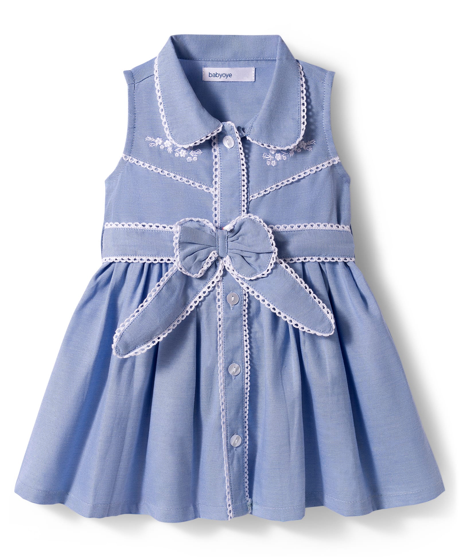 Babyoye Oxford Woven Sleeveless Shirt Style Frock with Floral Embroidery & Lace Detailing - Blue