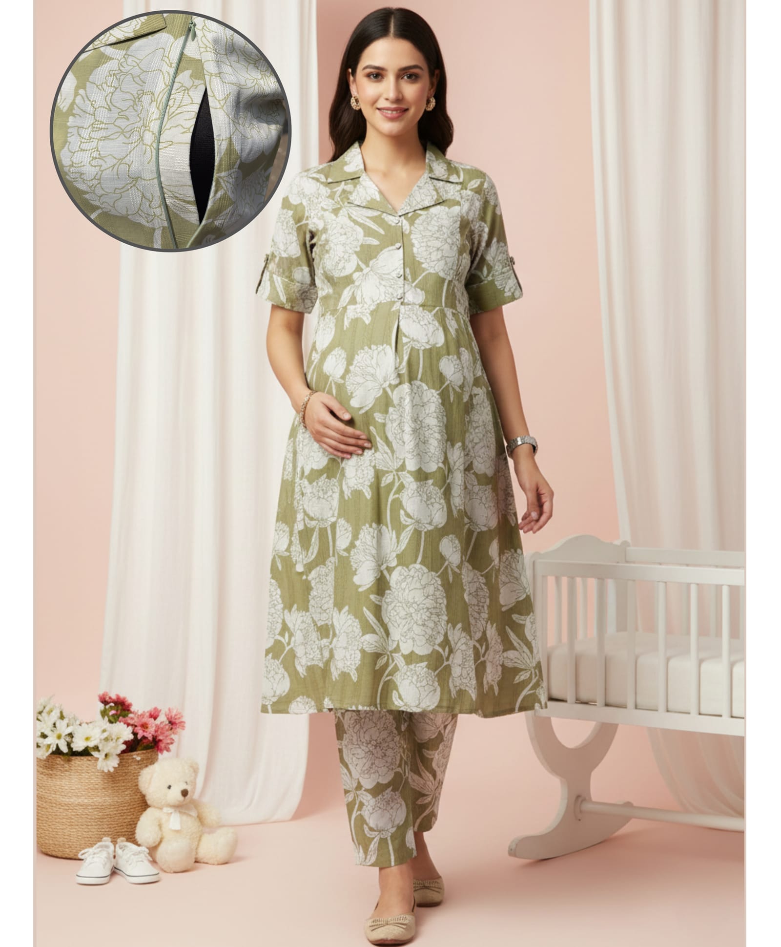 Dummy Shape Cotton Blend Woven Half Sleeves Floral Printed Maternity Kurti With Side Zipper Nursing Access With Pant Set - Olive-image-40