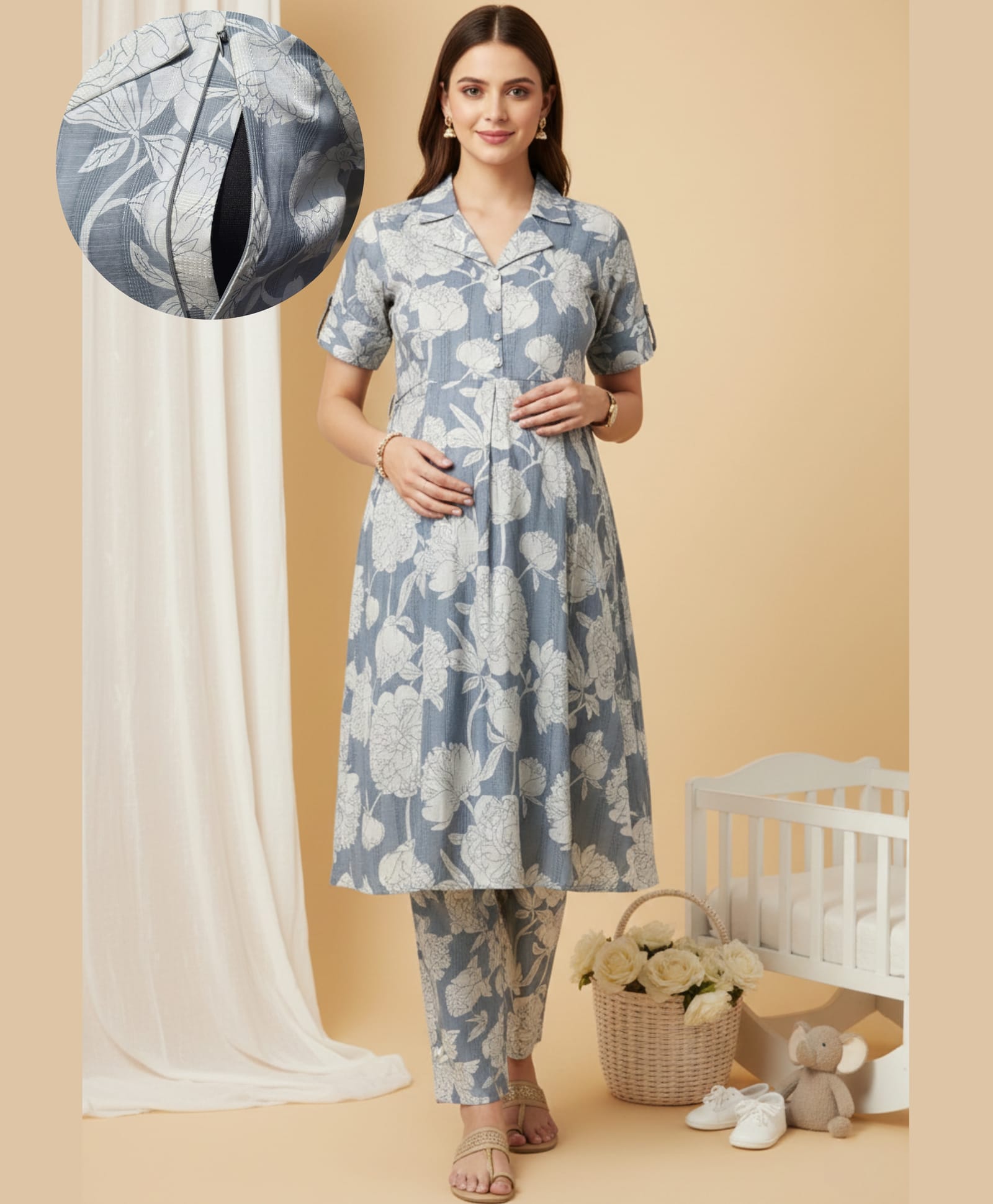 Dummy Shape Cotton Blend Woven Half Sleeves Floral Printed Maternity Kurti With Side Zipper Nursing Access With Pant Set - Blue