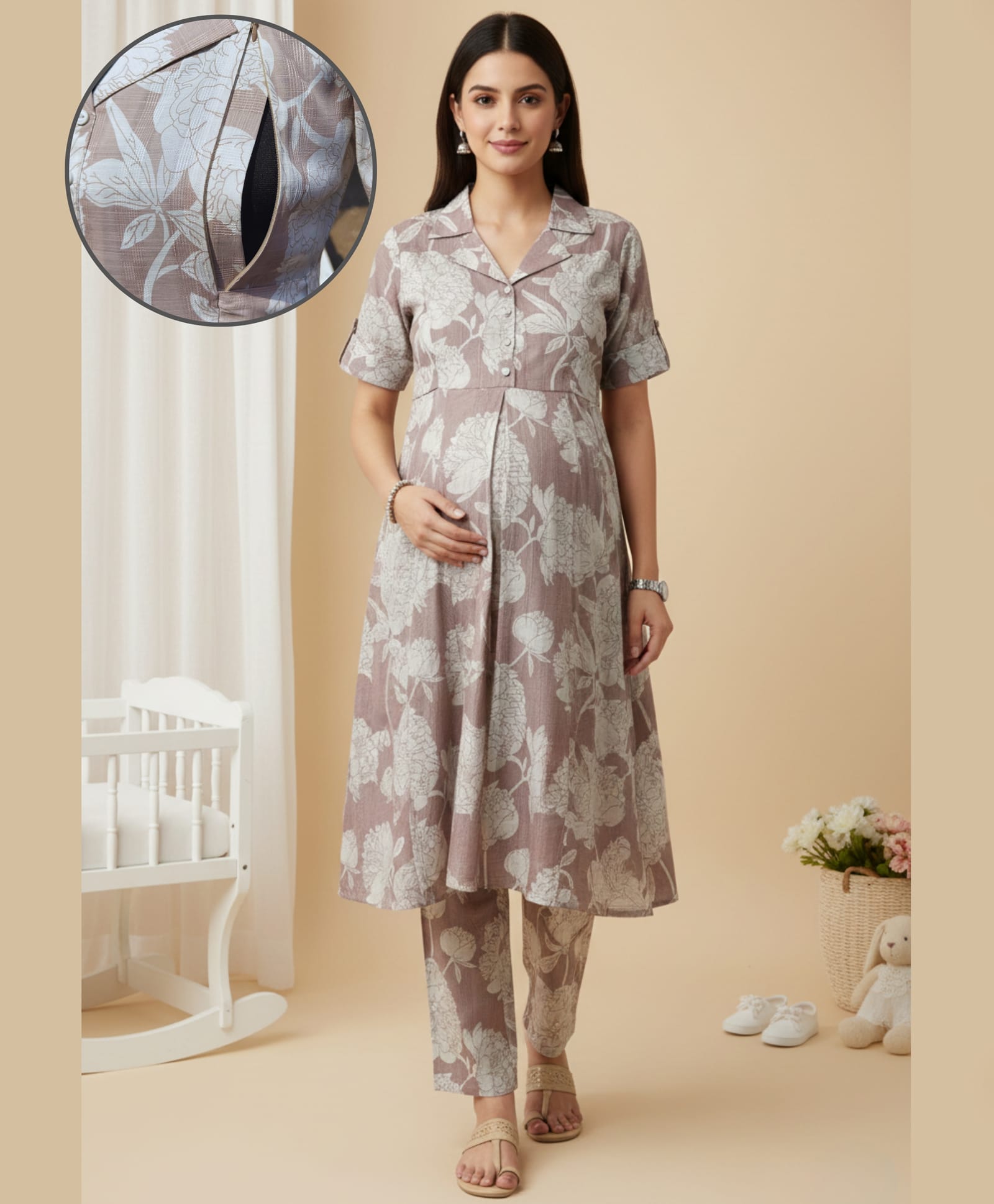 Dummy Shape Cotton Blend Woven Half Sleeves Floral Printed Maternity Kurti With Side Zipper Nursing Access With Pant Set - Mauve-image-22