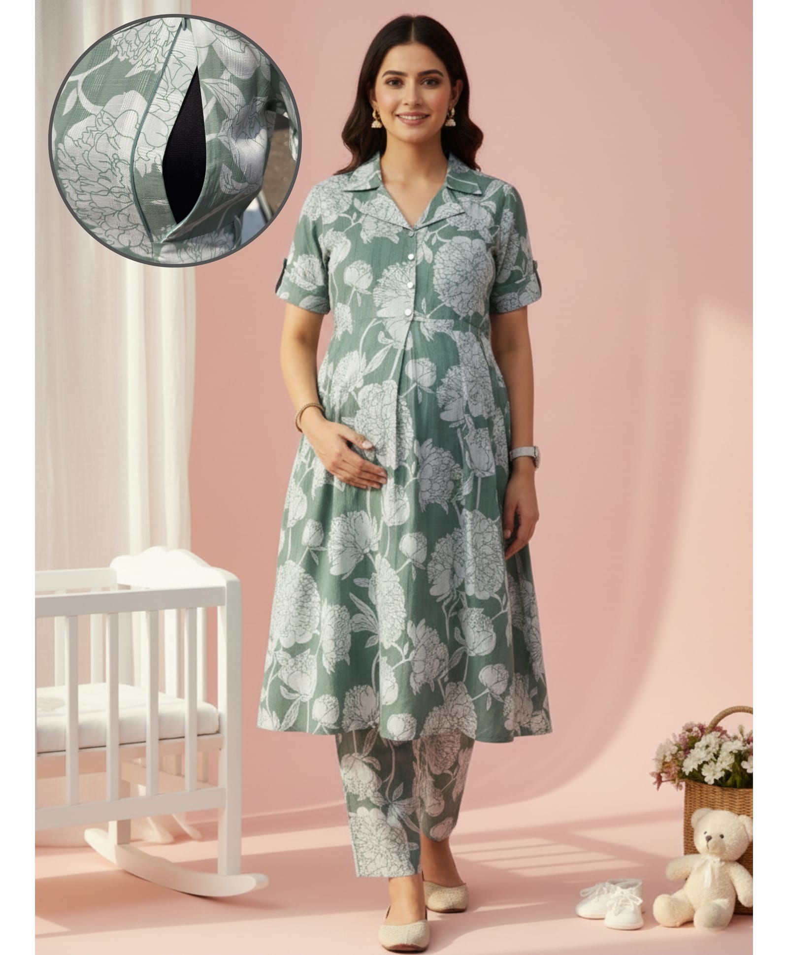 Dummy Shape Cotton Blend Woven Half Sleeves Floral Printed Maternity Kurti With Side Zipper Nursing Access With Pant Set - Turquoise