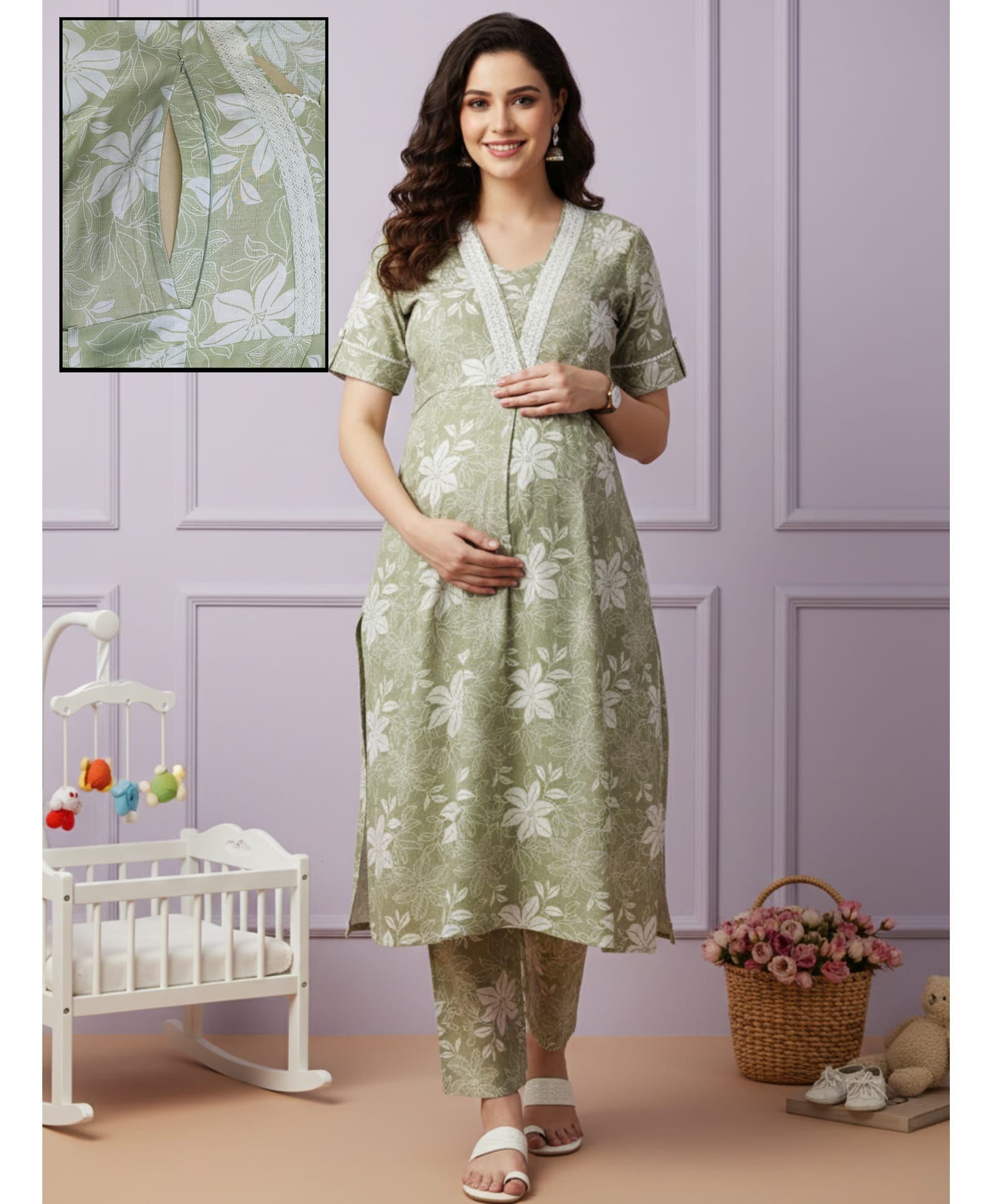 Dummy Shape Cotton Blend Woven Half Sleeves Floral Printed Maternity Kurti & Pant Set With Side Zipper Nursing Access - Olive-image-38