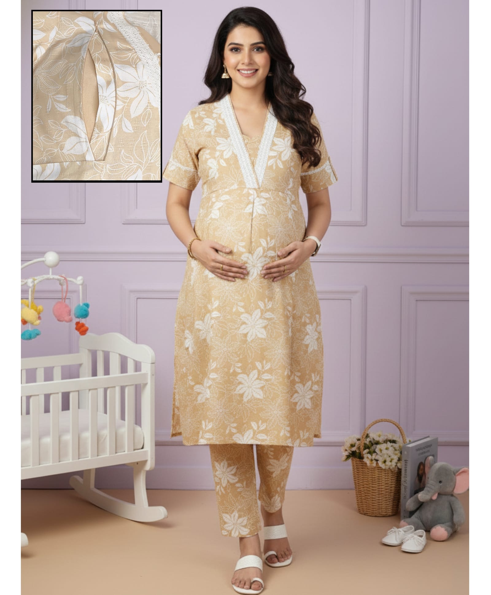 Dummy Shape Cotton Blend Woven Half Sleeves Floral Printed Maternity Kurti & Pant Set With Side Zipper Nursing Access - Beige-image-29
