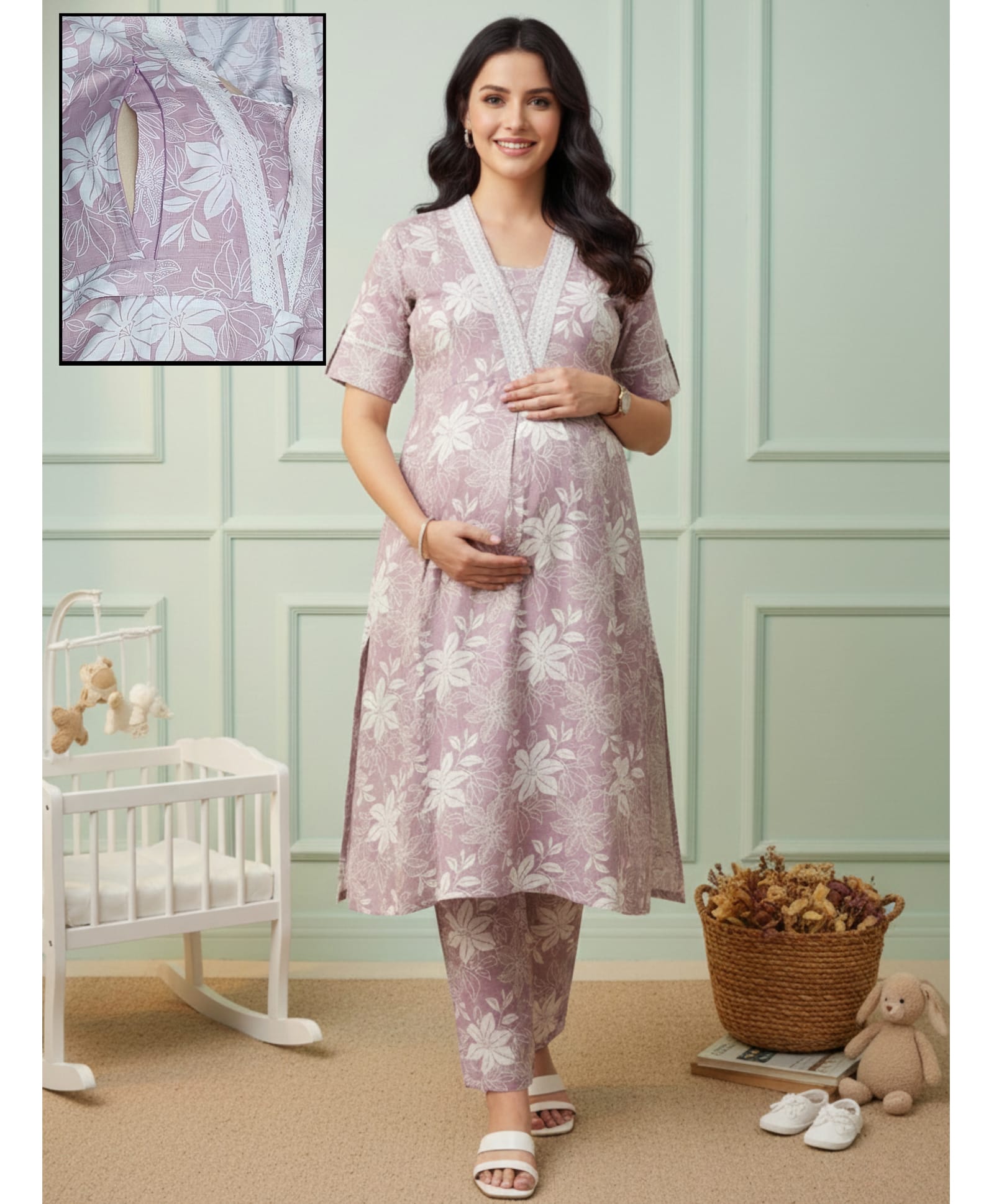 Dummy Shape Cotton Blend Woven Half Sleeves Floral Printed Maternity Kurti & Pant Set With Side Zipper Nursing Access - Mauve-image-21