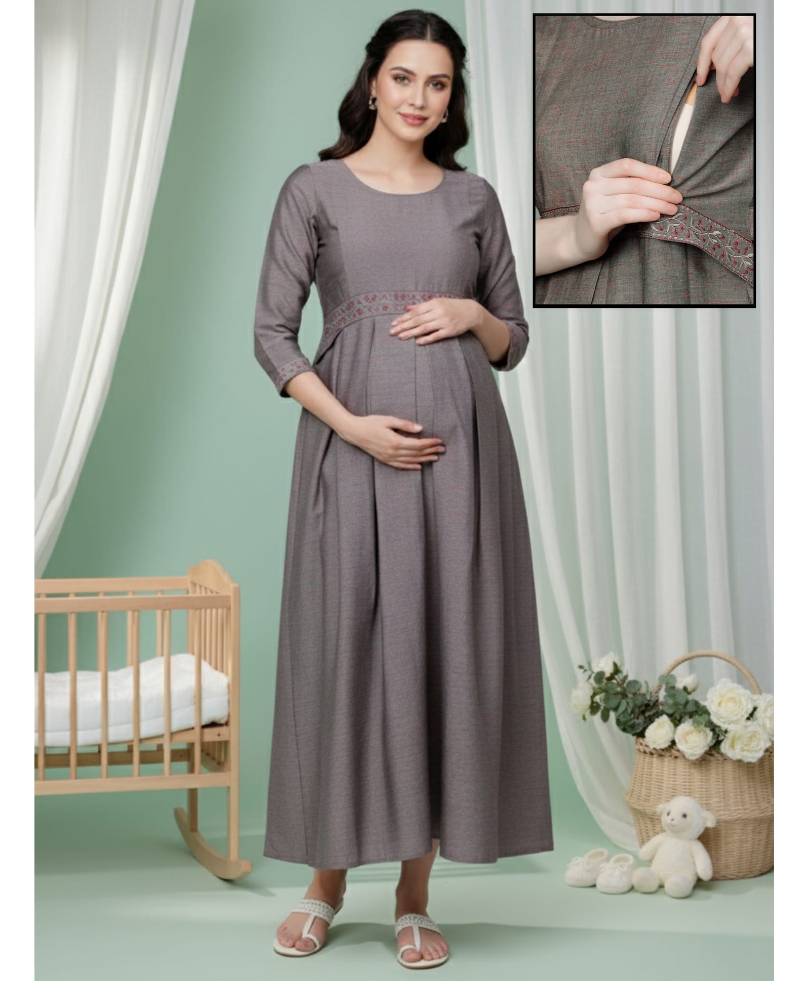 Dummy Shape Cotton Blend Woven Three Fourth Sleeves Floral Embroidered Kurta With Side Zipper Nursing Access - Grey-image-20