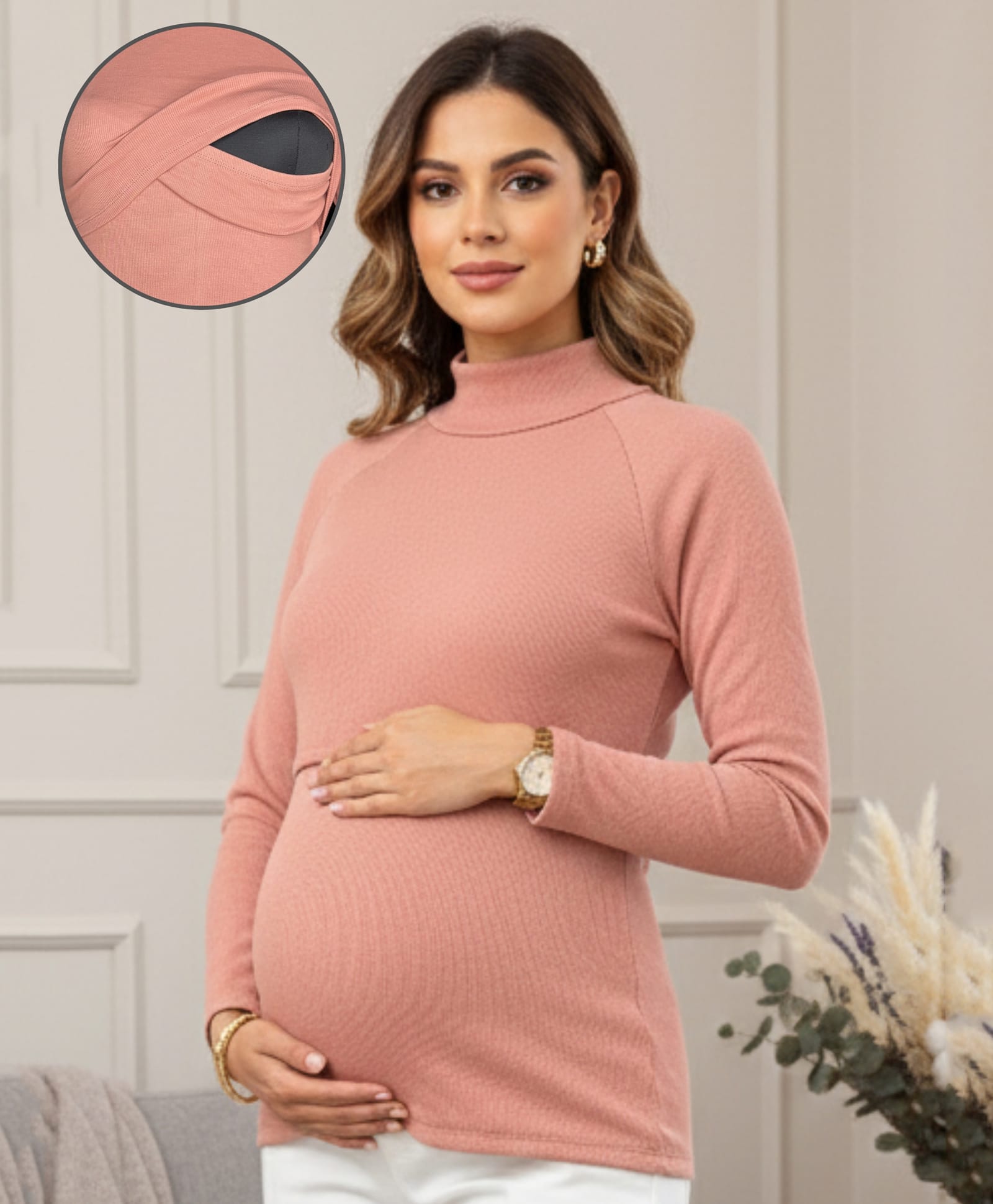 True Shape Cotton Rib Knit Full Sleeves Solid Stretchable Tunic Top With Zipless Nursing Access - Peach-picture-16