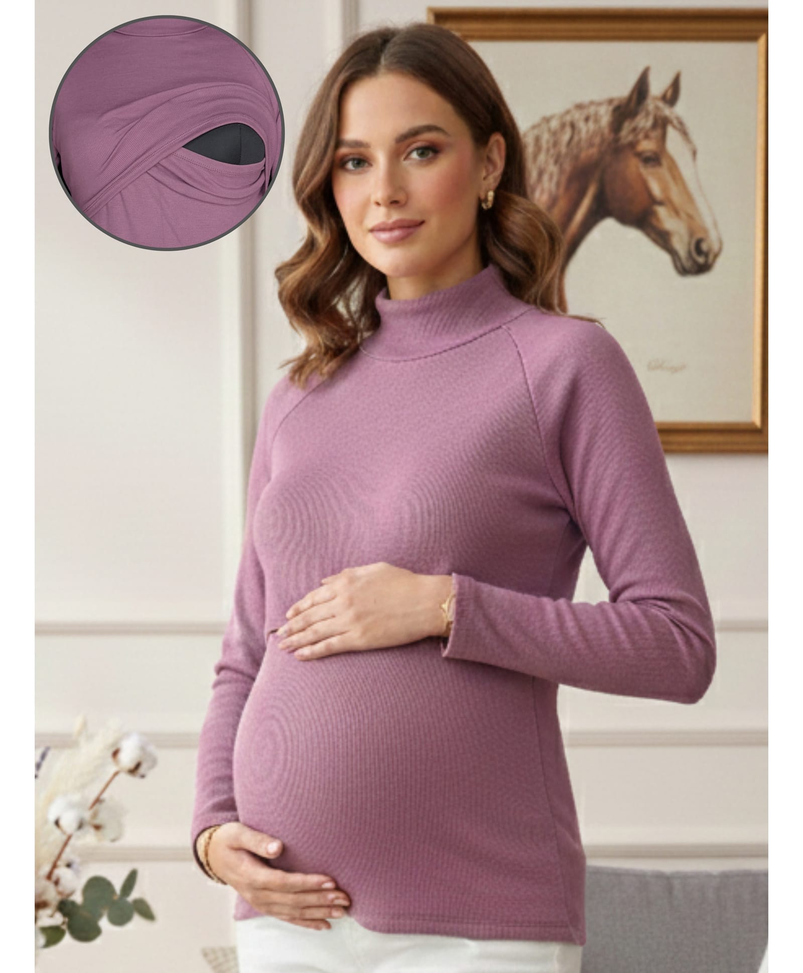 True Shape Cotton Rib Knit Full Sleeves Solid Stretchable Top With Zipless Nursing Access - Muted Mauve