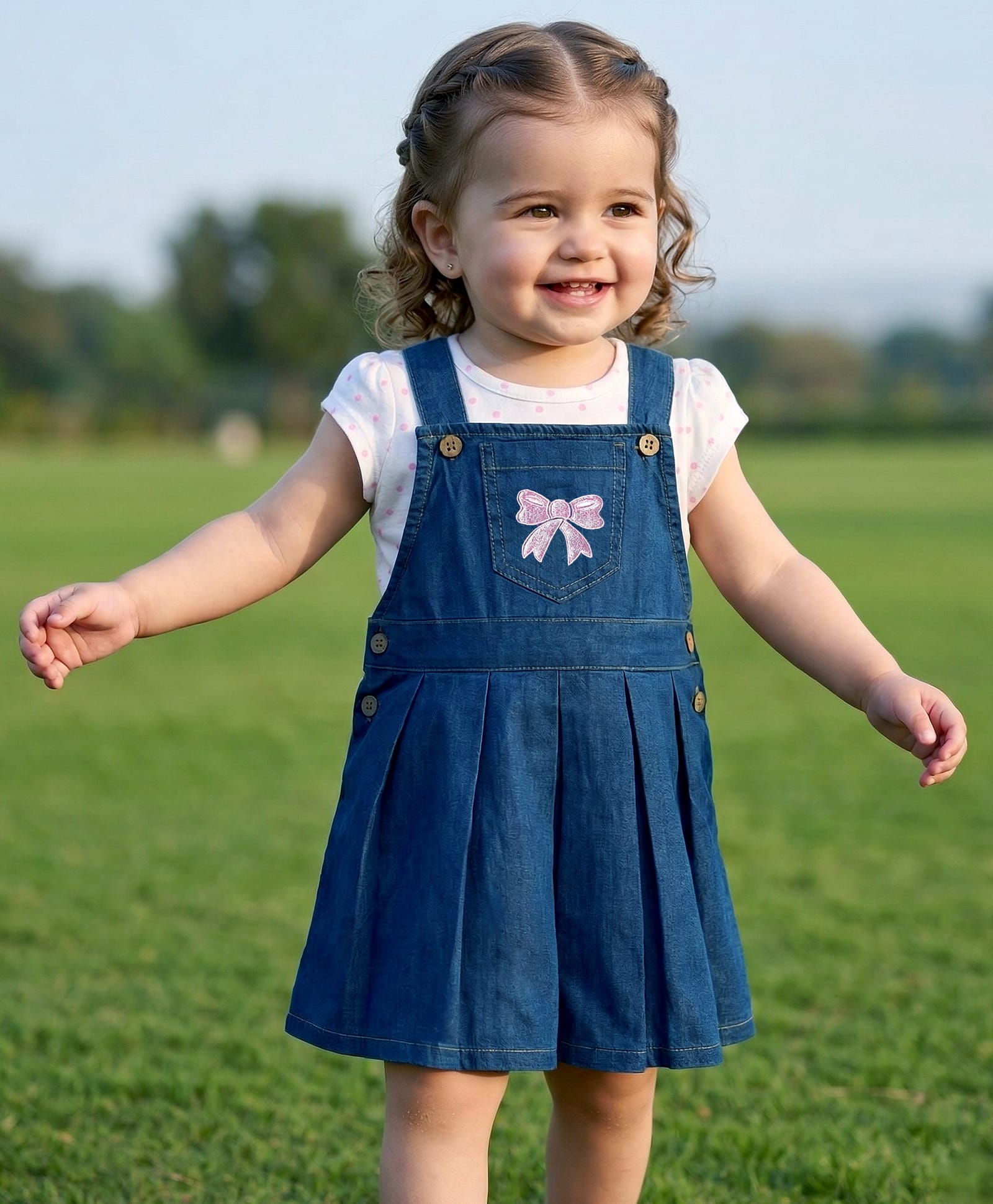 Babyoye Woven Denim Frock & Half Sleeves Inner Tee With Bow Embroidery - Blue & Pink-image-34