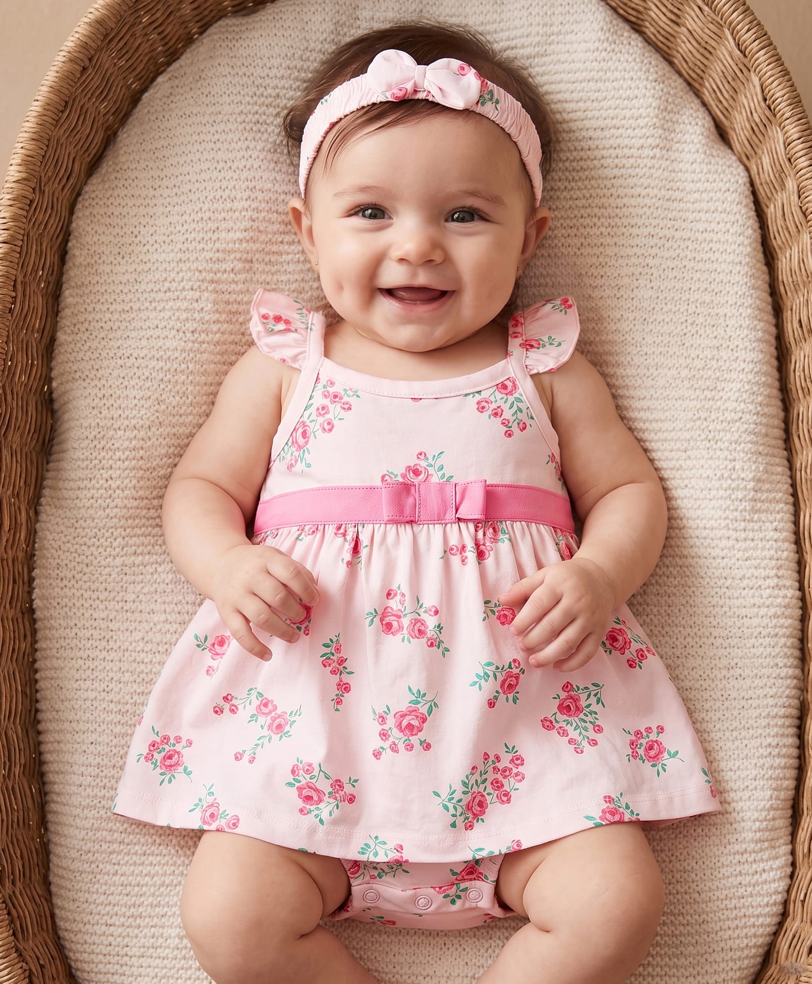 Babyhug 100% Cotton Single Jersey Knit Frock Style Onesie & Hairband With Floral Print - Multicolor-picture-19