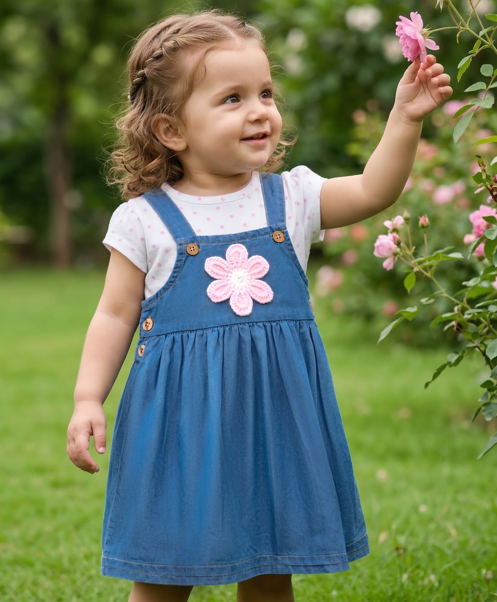 Babyoye Cotton Woven Half Sleeves Frock & Inner Tee With Polka Dots Print & Floral Applique - Multicolour-image-46