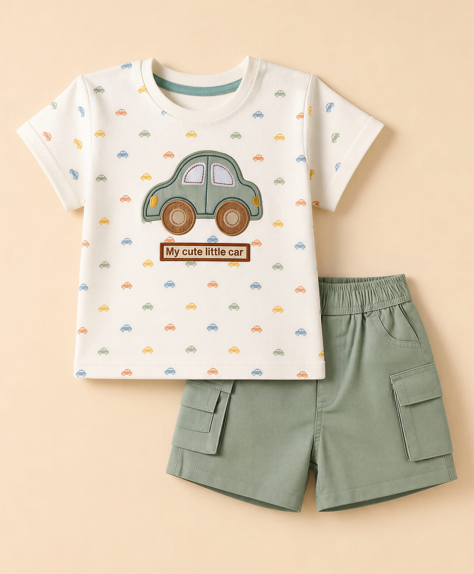 ToffyHouse Interlock Knit Half Sleeves Car Patch & Printed T-Shirt and Shorts Set - Off White-image-45