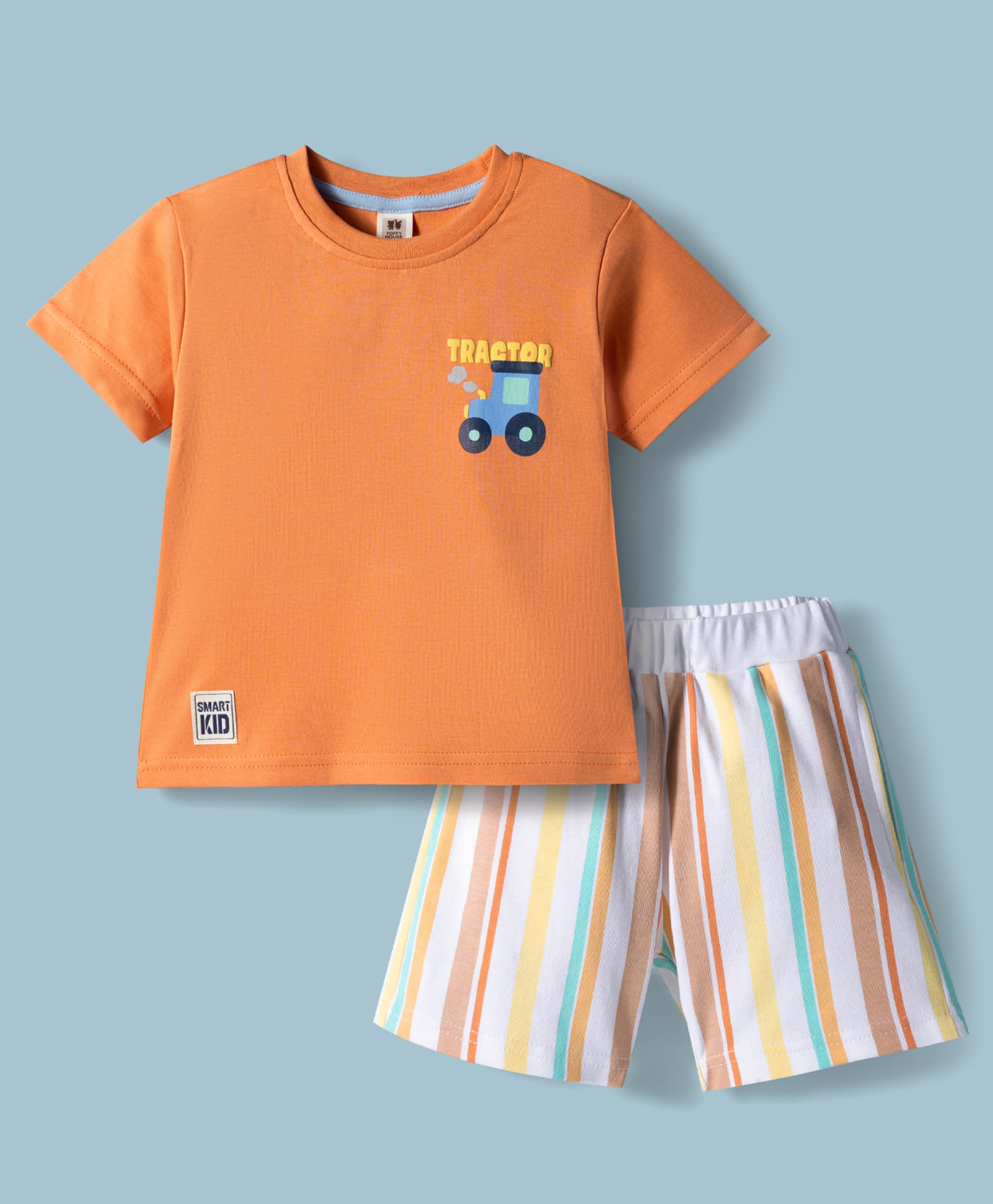 ToffyHouse Interlock Knit Half Sleeves T-Shirt & Striped Shorts With Tractor Print - Rust Orange-picture-30