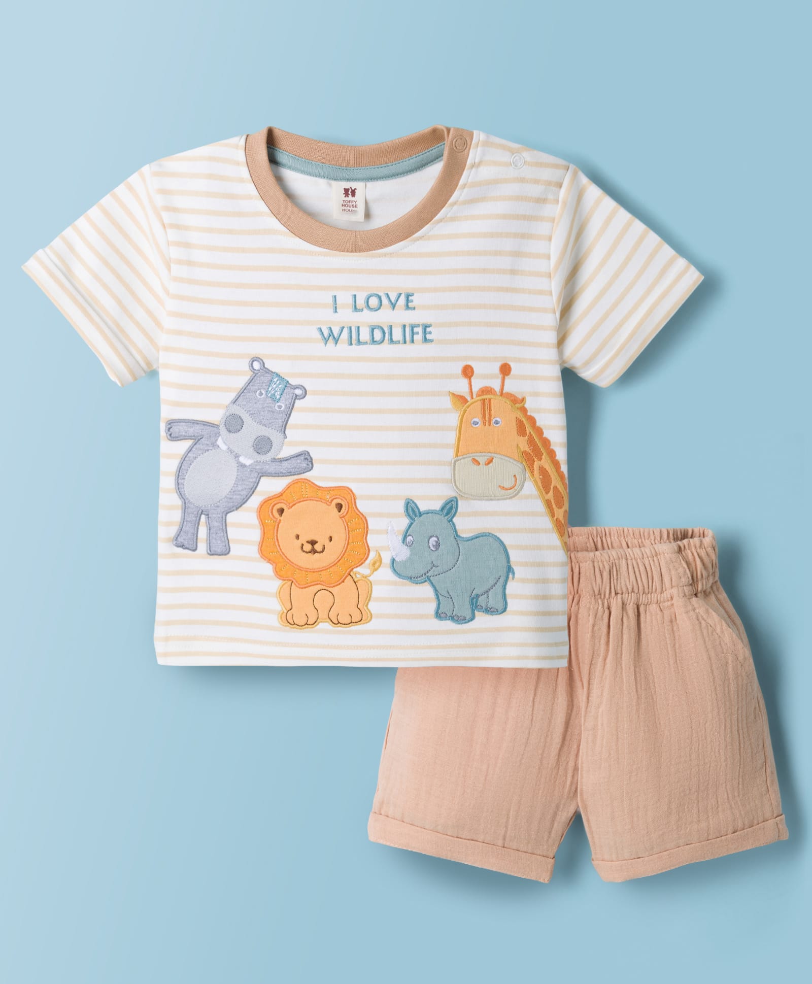 ToffyHouse Interlock Knit Half Sleeves Striped T-Shirt & Shorts With Animal Embroidery - Offwhite-picture-33