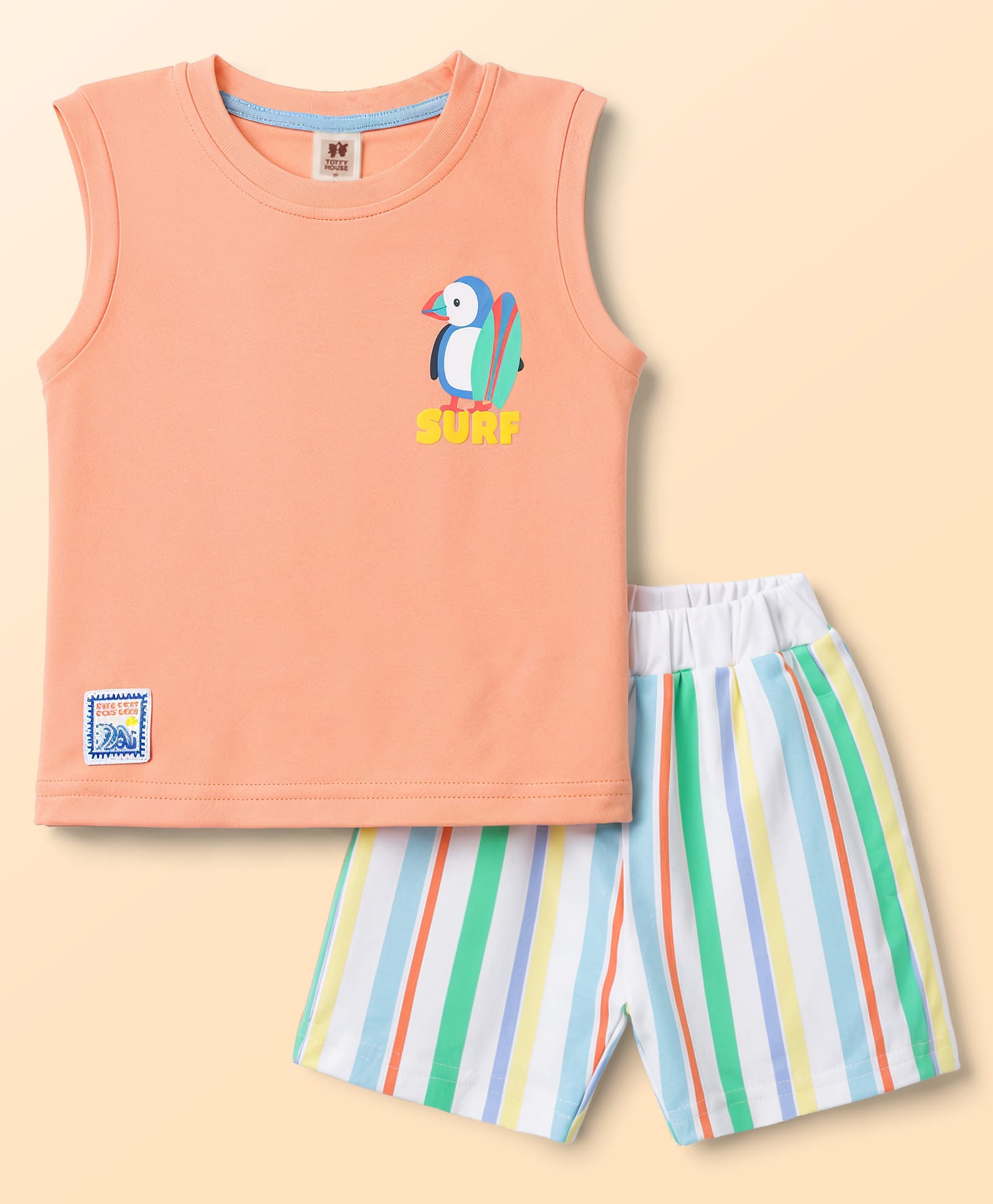 ToffyHouse Interlock Knit Sleeveless Tank T-Shirt & Striped Shorts Set With Surf & Penguin Print - Peach & Offwhite-image-12
