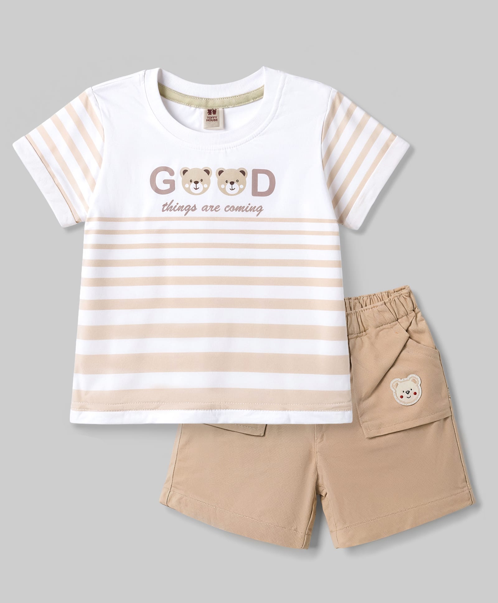 ToffyHouse Interlock Knit Half Sleeves Striped T-Shirts & Shorts Set With Teddy Bear Applique & Print - Beige-picture-25