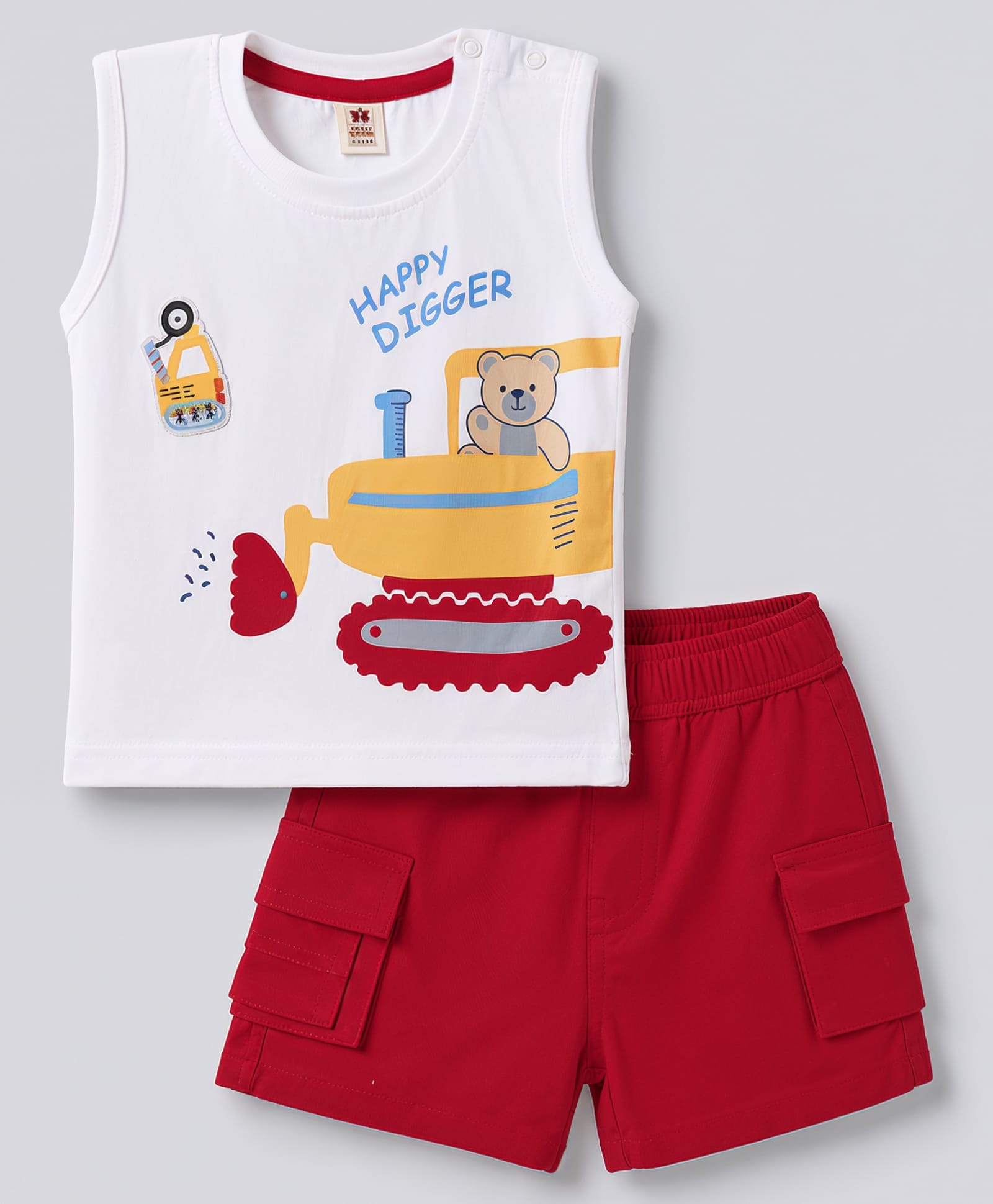 ToffyHouse Interlock Knit Sleeveless T-Shirt & Shorts Set With JCB & Bear Print - Red & White-image-10