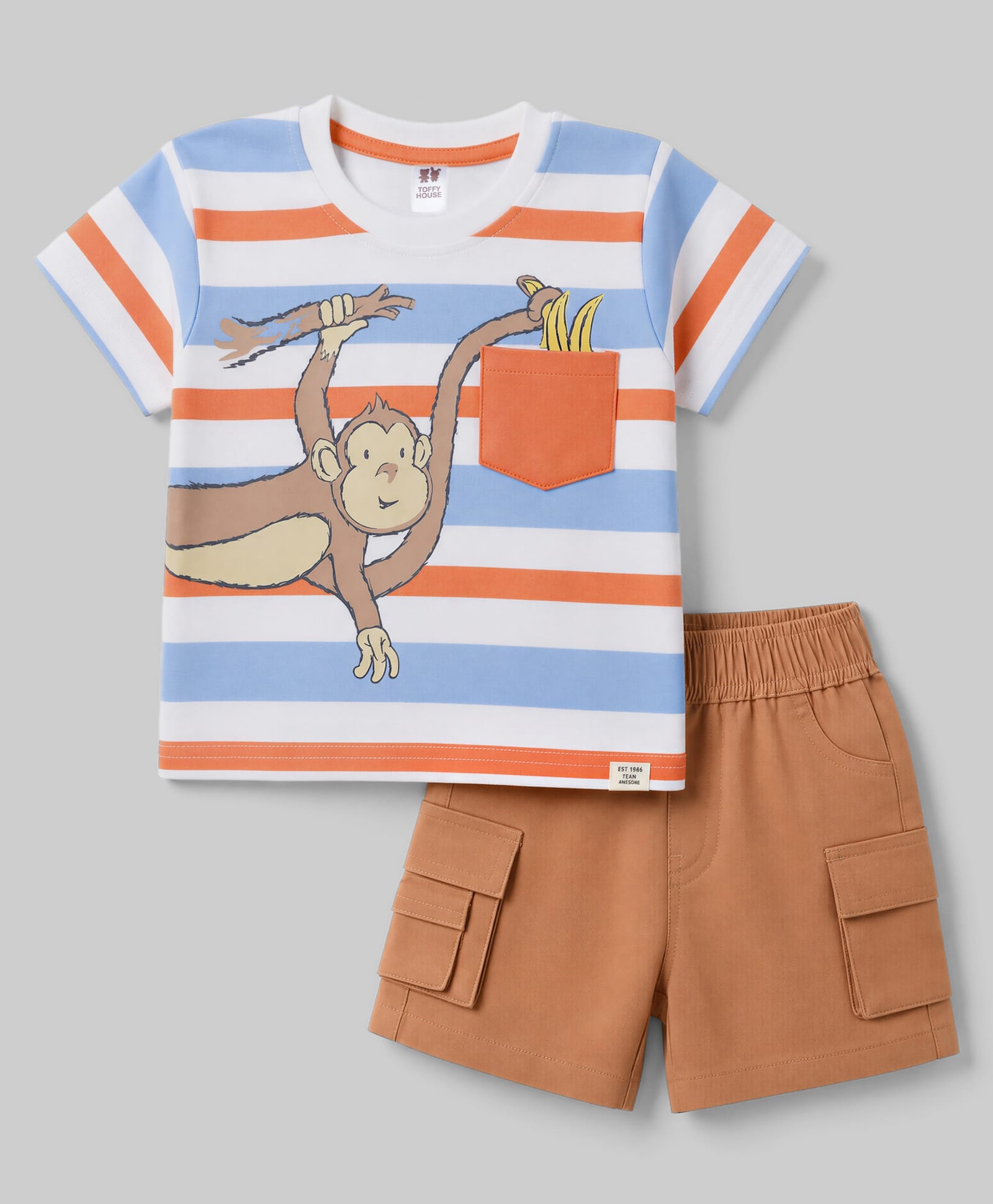 ToffyHouse Interlock Knit Half Sleeves Striped & Monkey Printed T-Shirt & Shorts Set - Off White-image-43