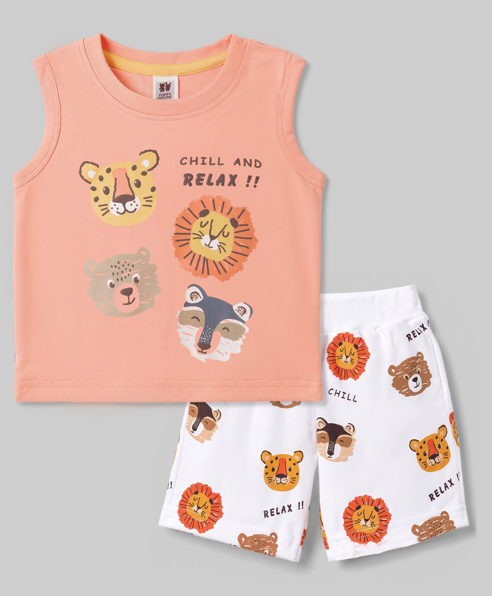 ToffyHouse Interlock Knit Sleeveless T-Shirts & Shorts Set With Animal Print - Peach-image-15