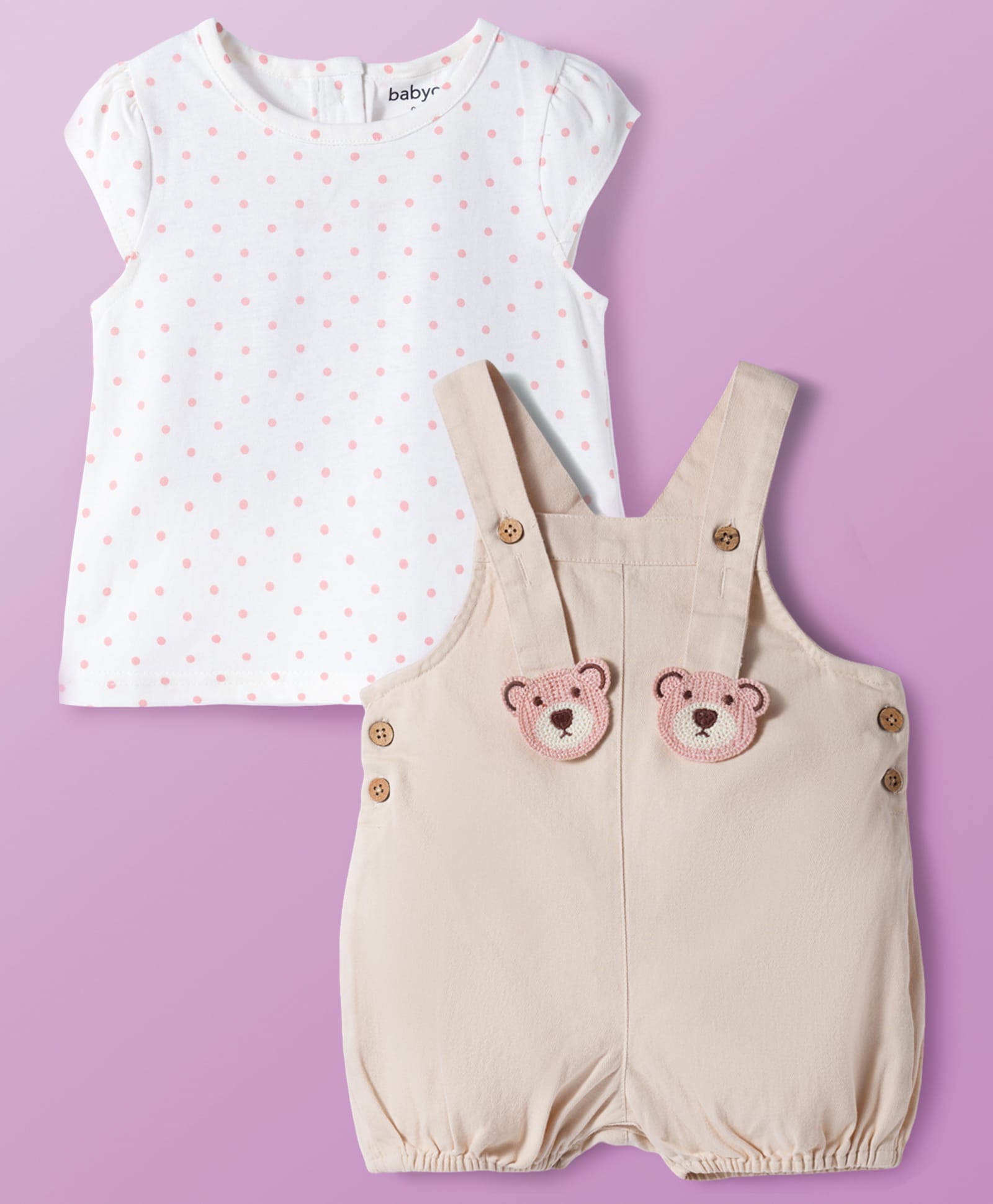 Babyoye Cotton Twill Woven Dungaree & Half Sleeves Inner Tee With Teddy Bear Applique & Polka Dot Print - White & Beige-image-6
