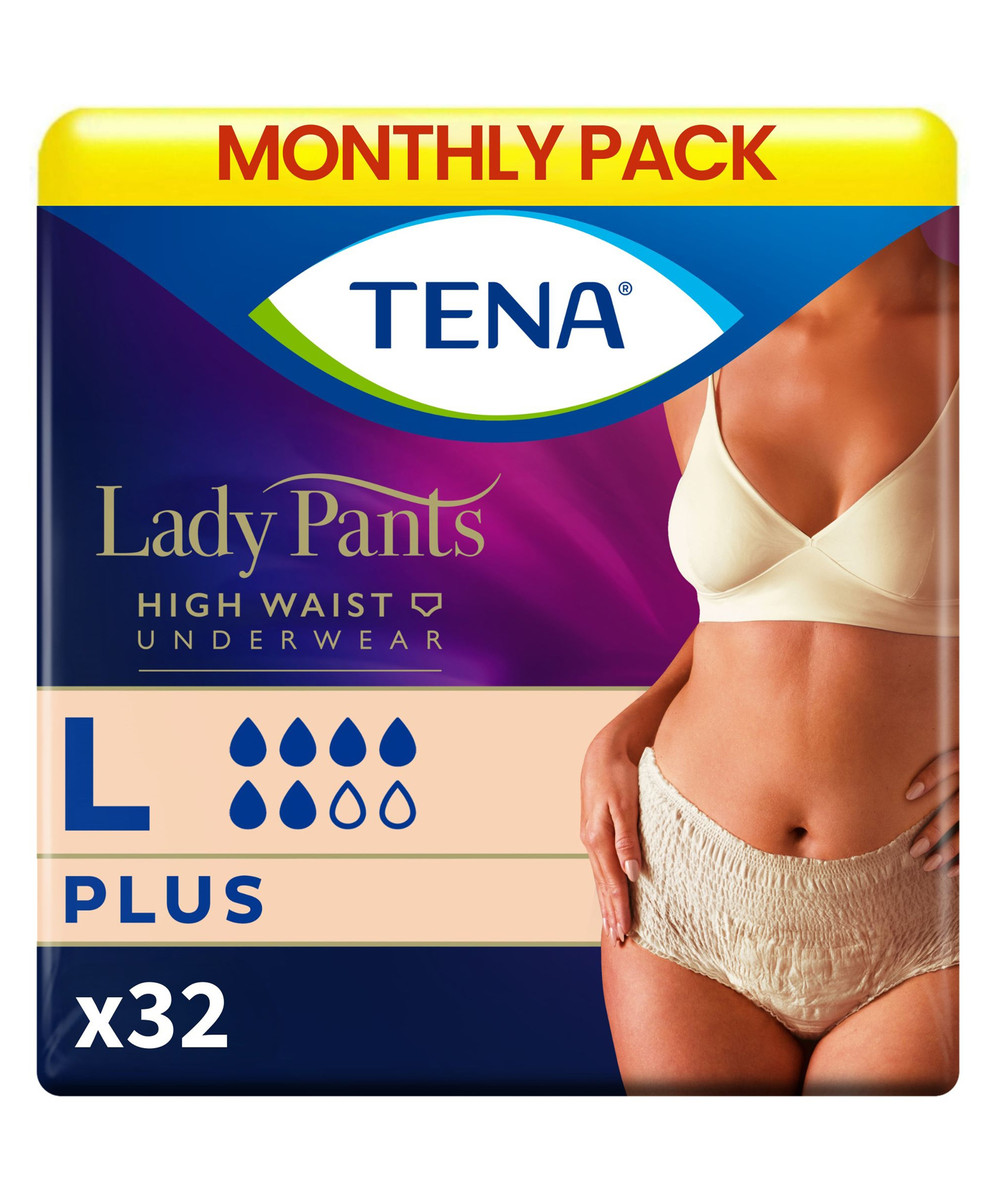 TENA Lady Plus Incontinence Pants Large (L) | High Waist Adult Diapers | Pack of 4 - 8 Pieces Each