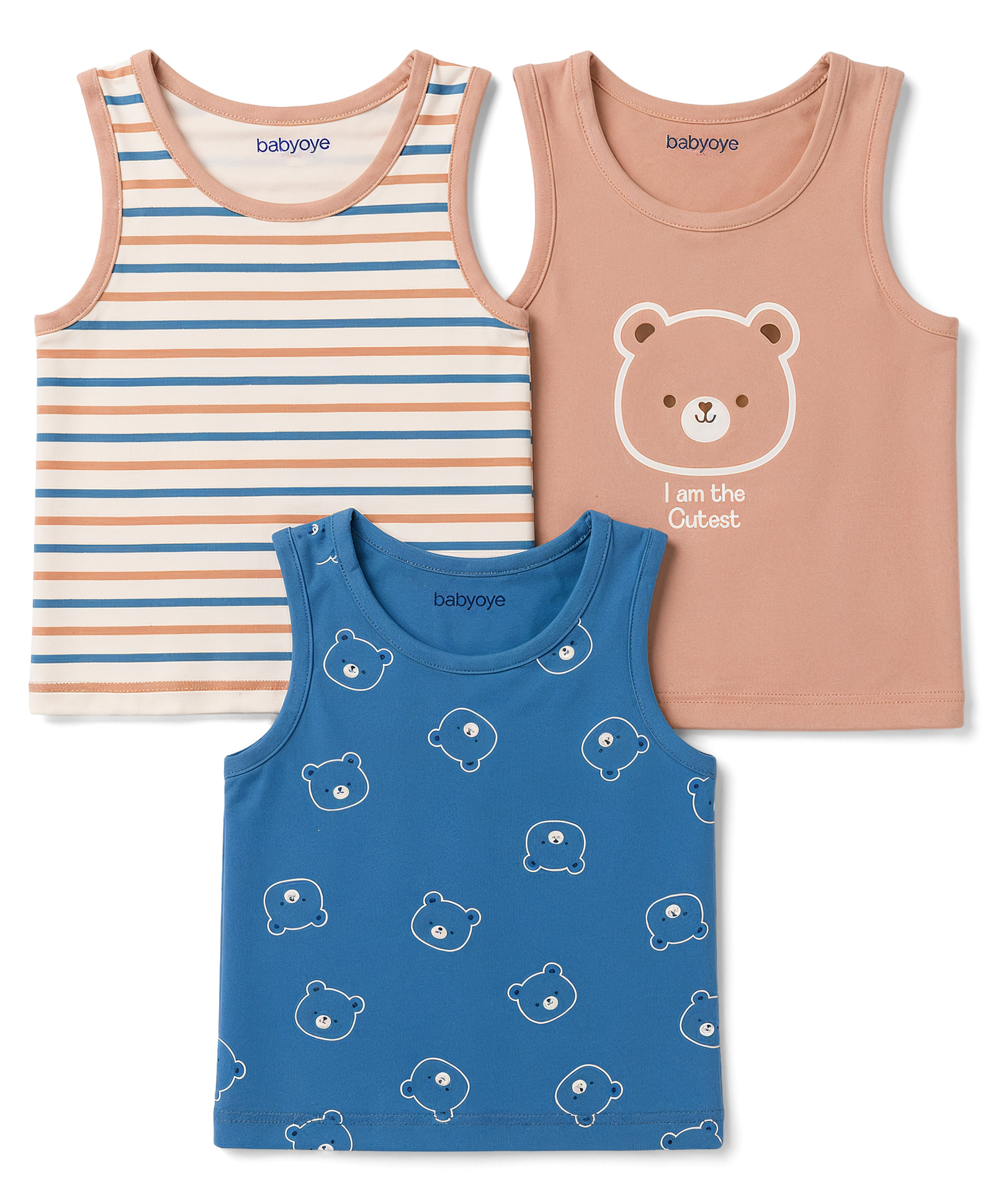 Babyoye Elastane Knit Sleeveless Striped & Teddy Printed Vests Pack of 3 - Multicolor-image-40