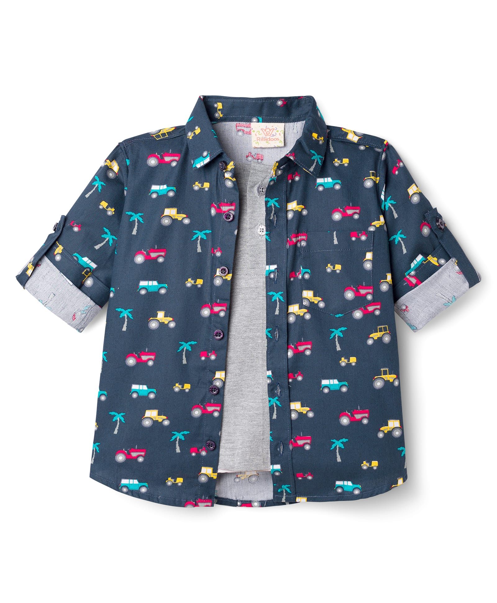 Rikidoos Full Sleeve Navy Blue & Grey Vehicles & Palm Tree Printed Shirt with Attached T-Shirt for Boys (4-5 Years)-image-11