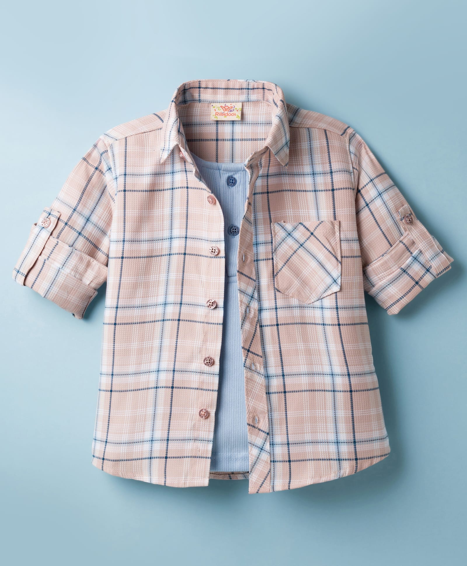 Rikidoos Cotton Woven Full Sleeves Checks Shirt With Attached T-Shirt - Beige & Light Blue-image-38