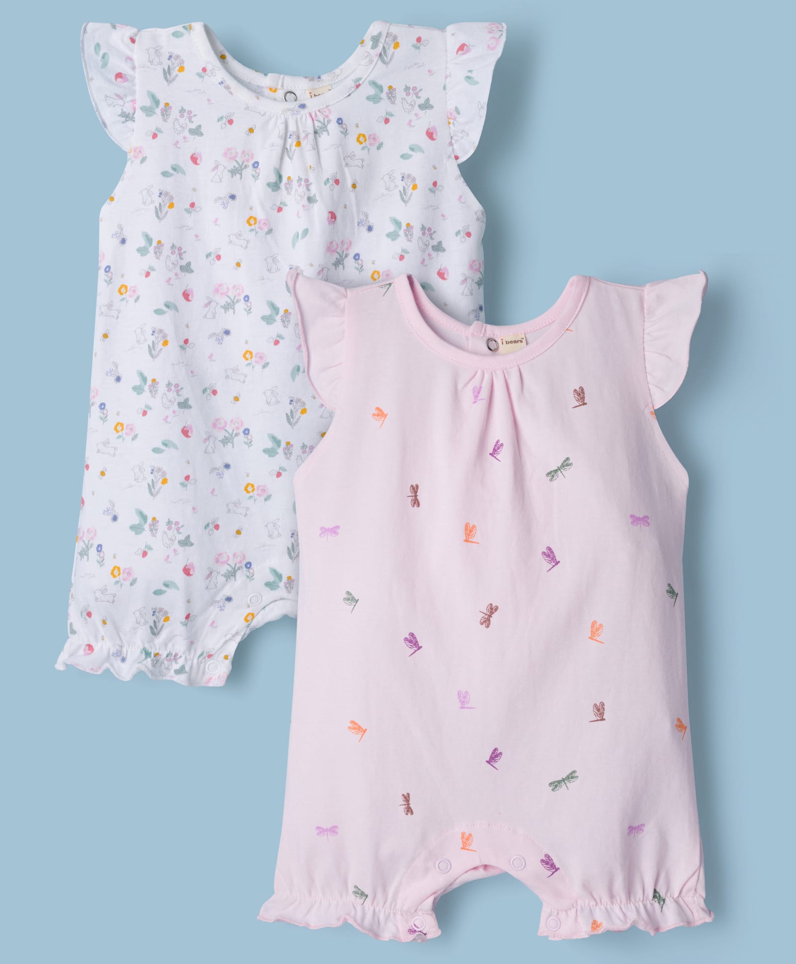 I Bears Interlock Knit Sleeveless Floral Printed Rompers Pack of 2 - White & Pink-image-15