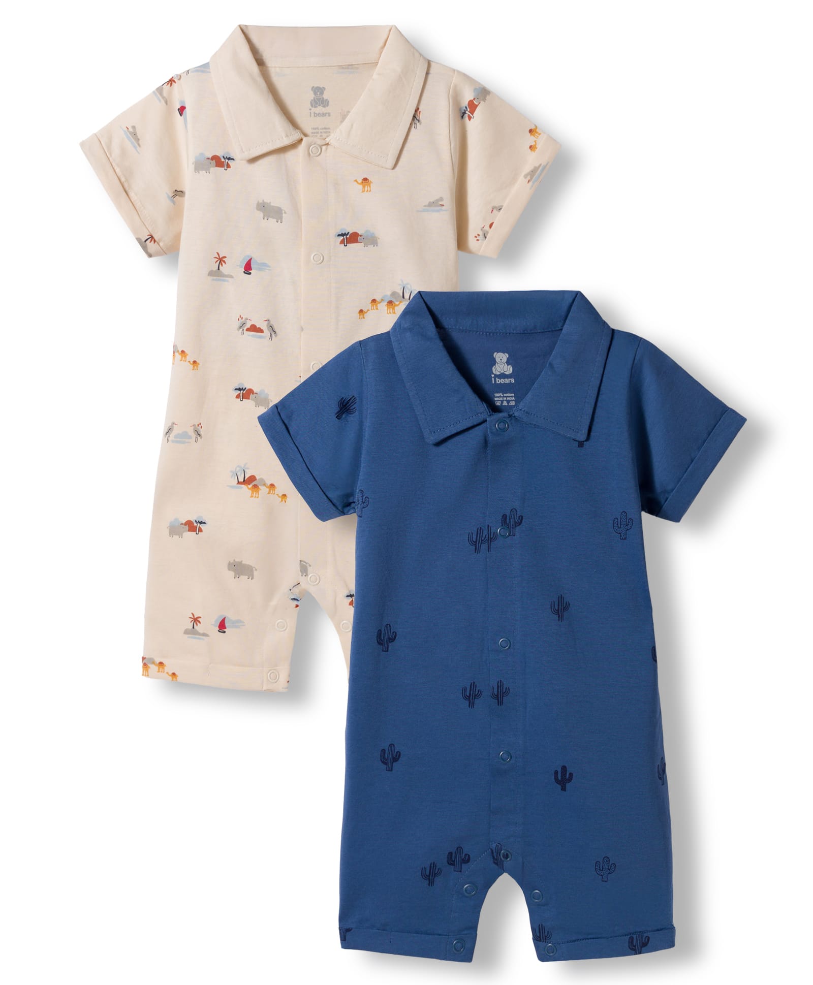 I Bears Interlock Knit Half Sleeves Dessert Theme Printed Polo Rompers Pack of 2 - Blue & Beige