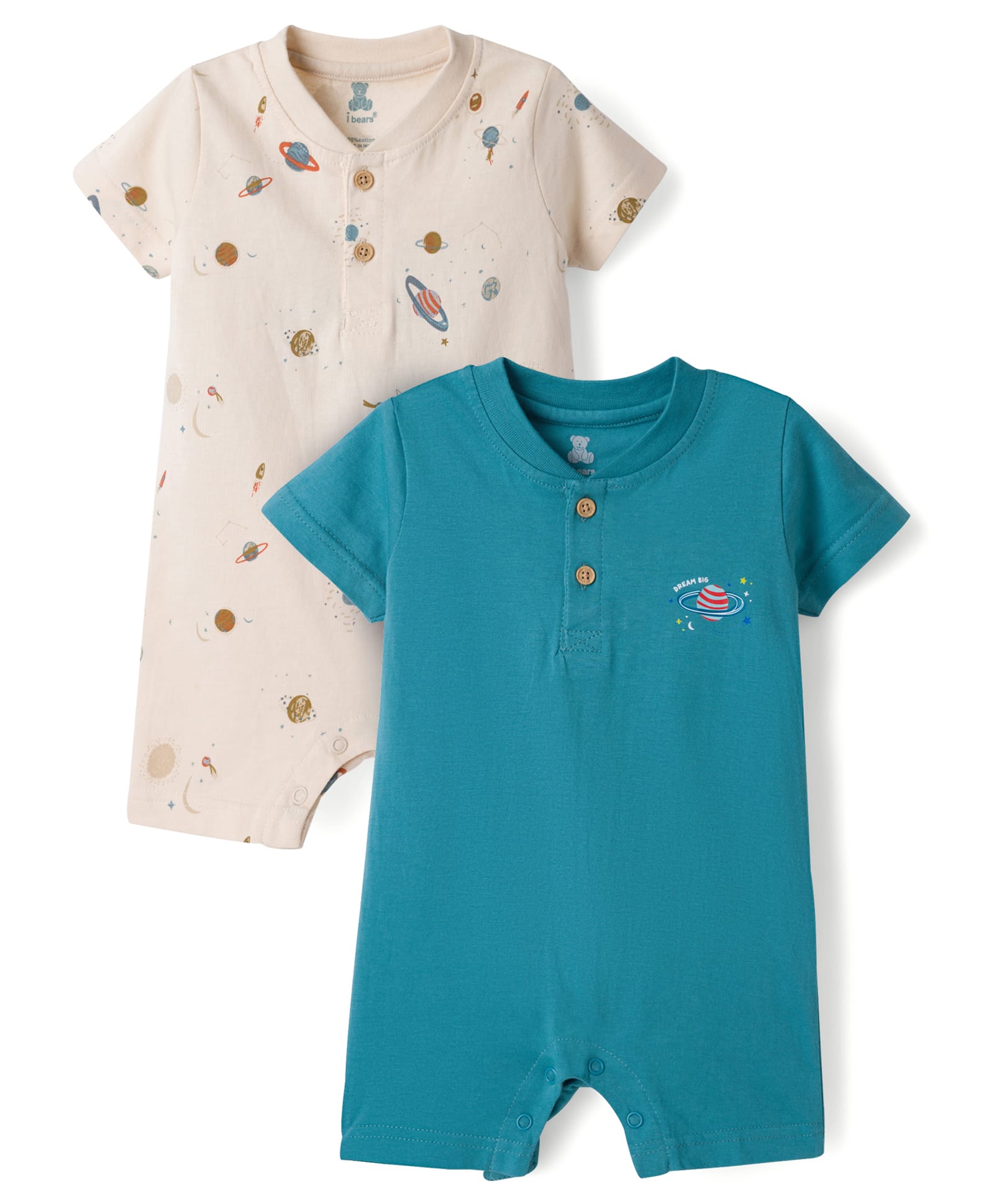I Bears Interlock Knit Half Sleeves Space Theme Printed Rompers Pack of 2 - Beige & Blue-image-24
