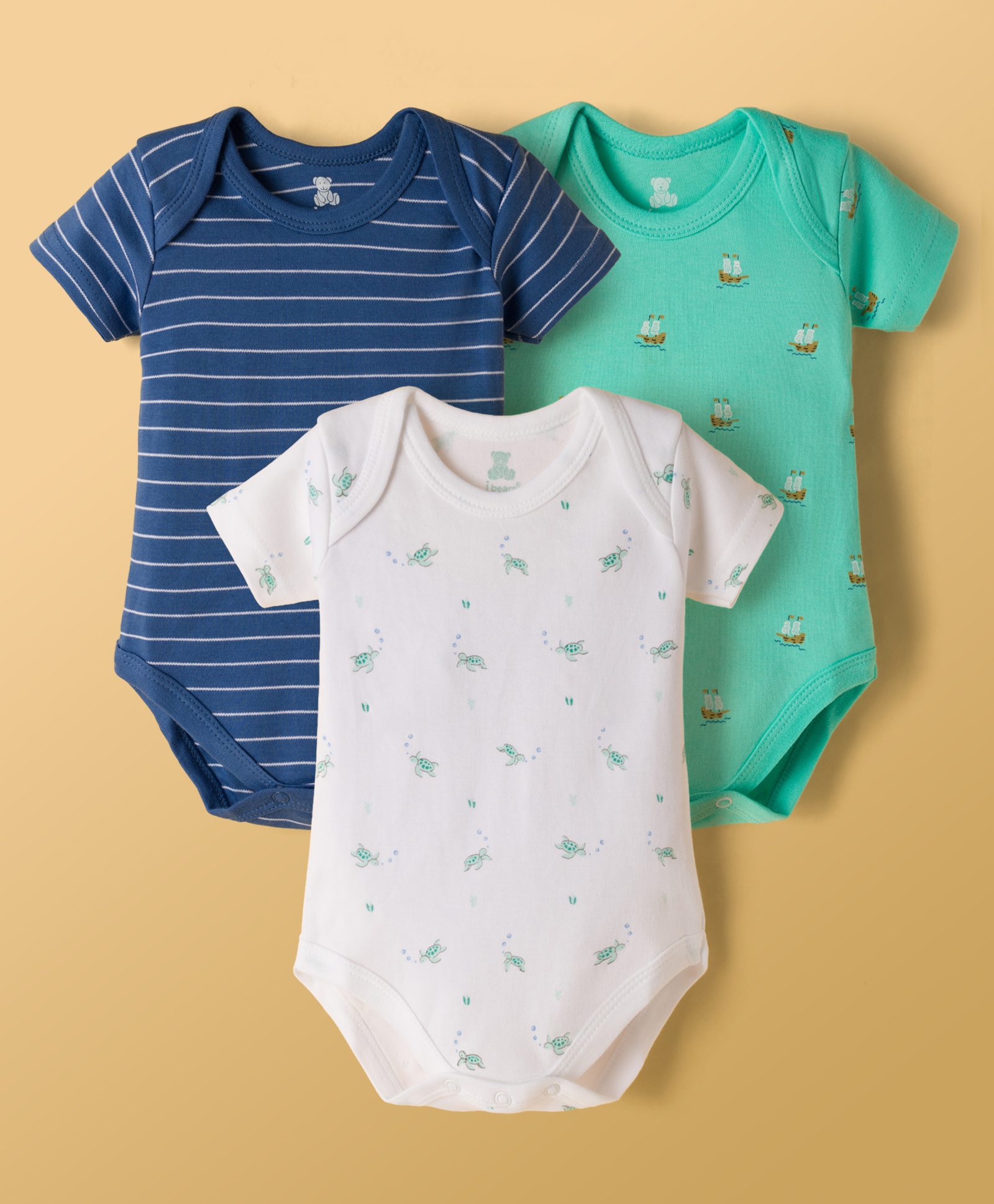 I Bears Interlock Knit Half Sleeves Stripes Nautical Theme & Turtle Printed Onesies Pack of 3 - Multicolour-image-12