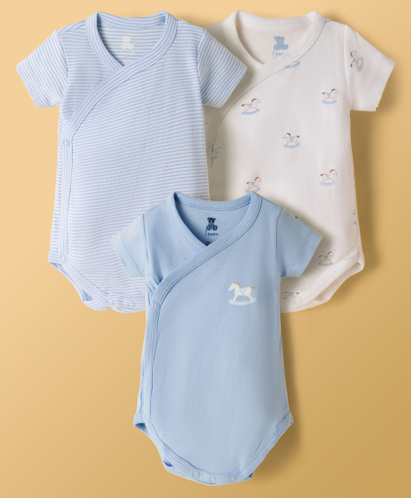 I Bears Interlock Knit Half Sleeves Striped & Horse Printed Onesies Pack pf 3 - Multicolour-image-1