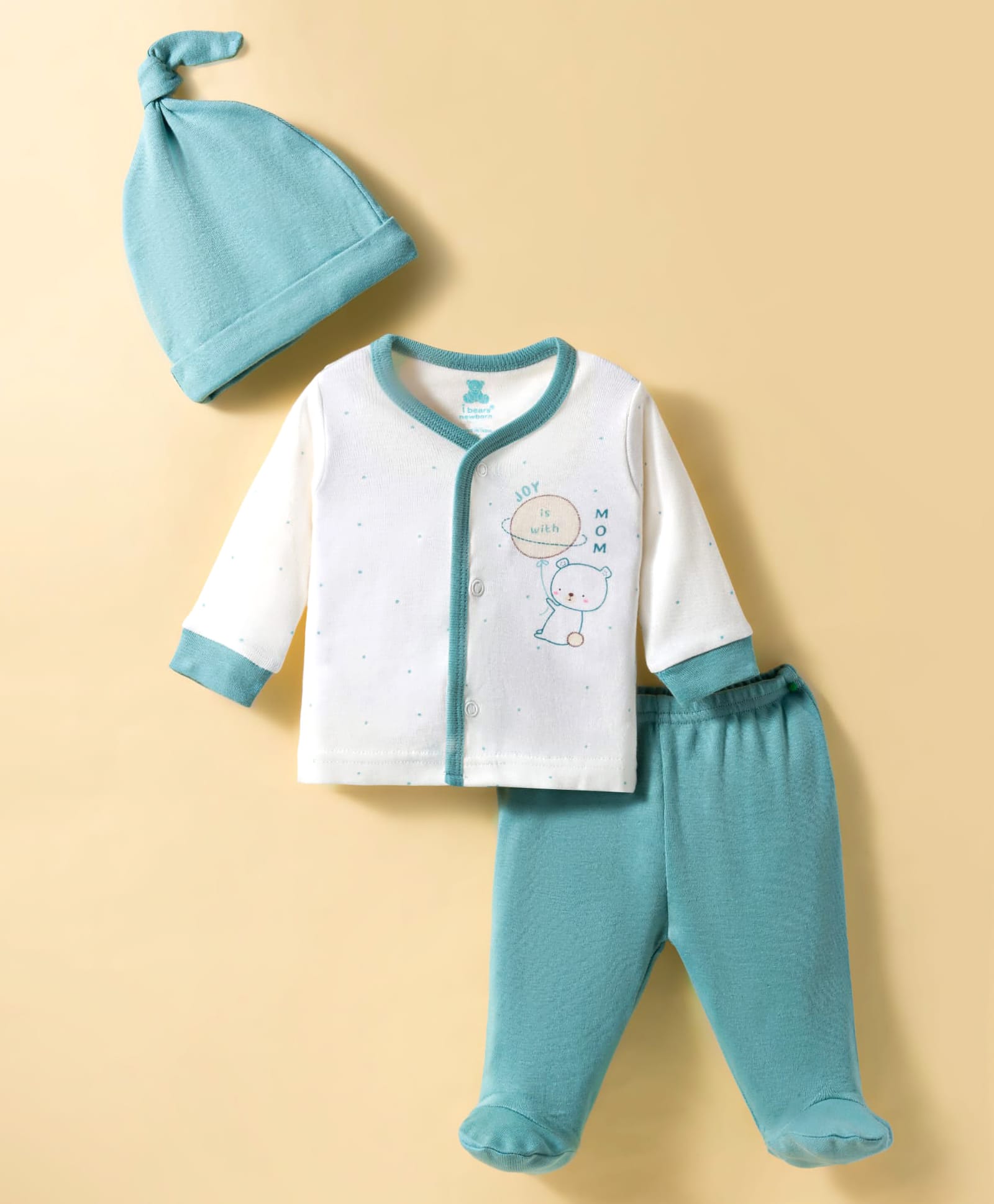 I Bears Knitted Full Sleeves Bear Printed T-Shirt & Pyjama Night Suit with Cap - Off White & Sea Green