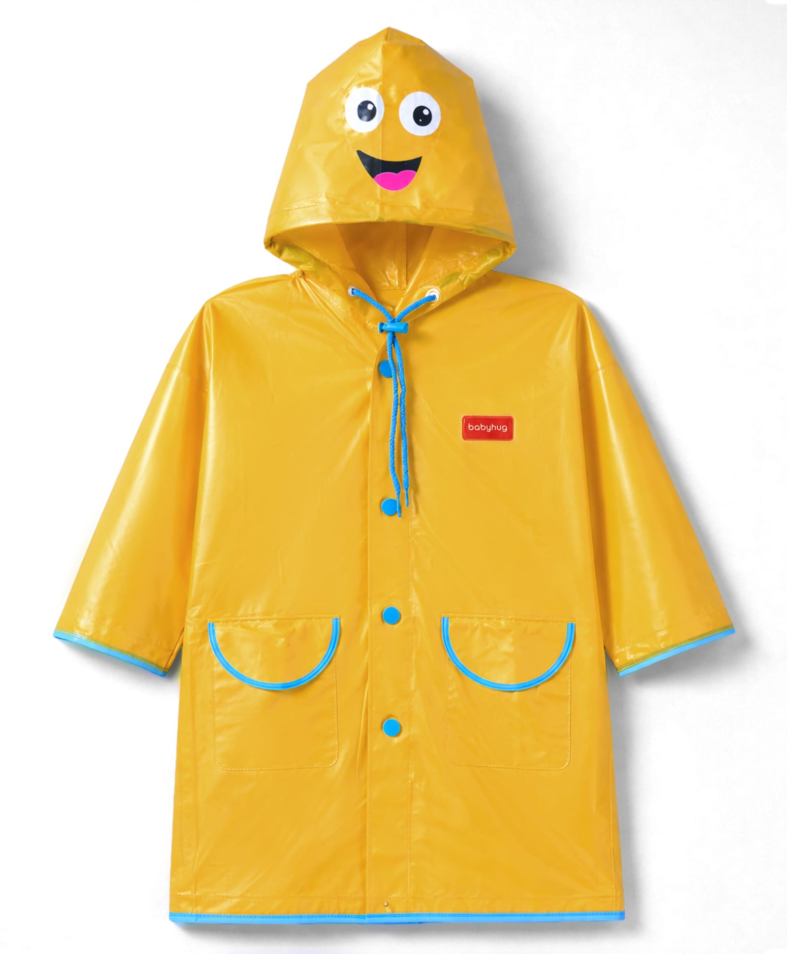 Babyhug Full Sleeves Hooded Raincoat with Smiley Print & Pocket Detailing - Yellow-image-44