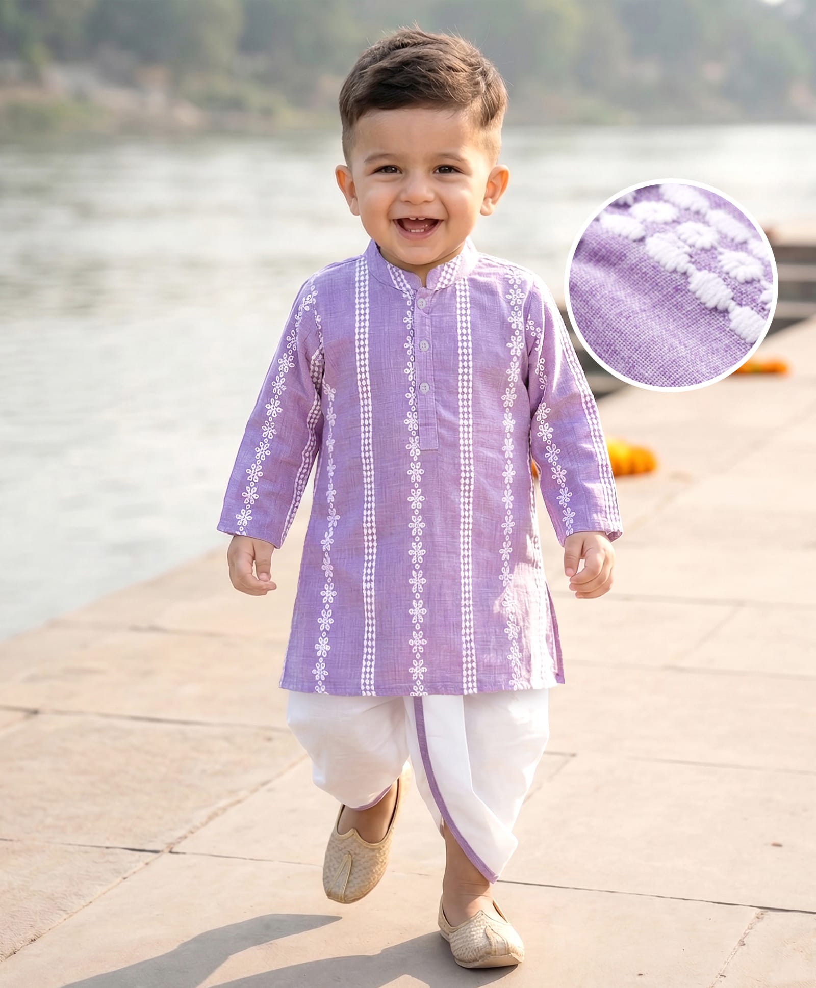 Babyhug Woven Full Sleeves Kurta Dhoti Set with Schiffli Detailing - Lavender-image-38