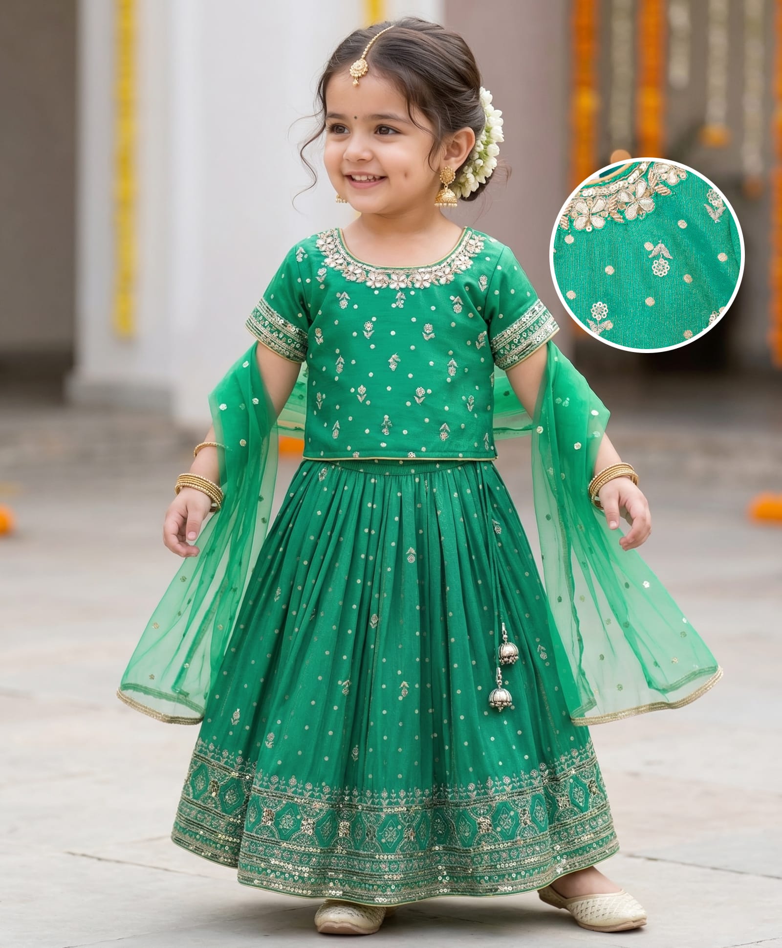 Babyhug Brocade Woven Half Sleeves Lehenga Choli Set With Floral Embroidery Sequin Detailing & Dupatta - Teal Blue-image-26