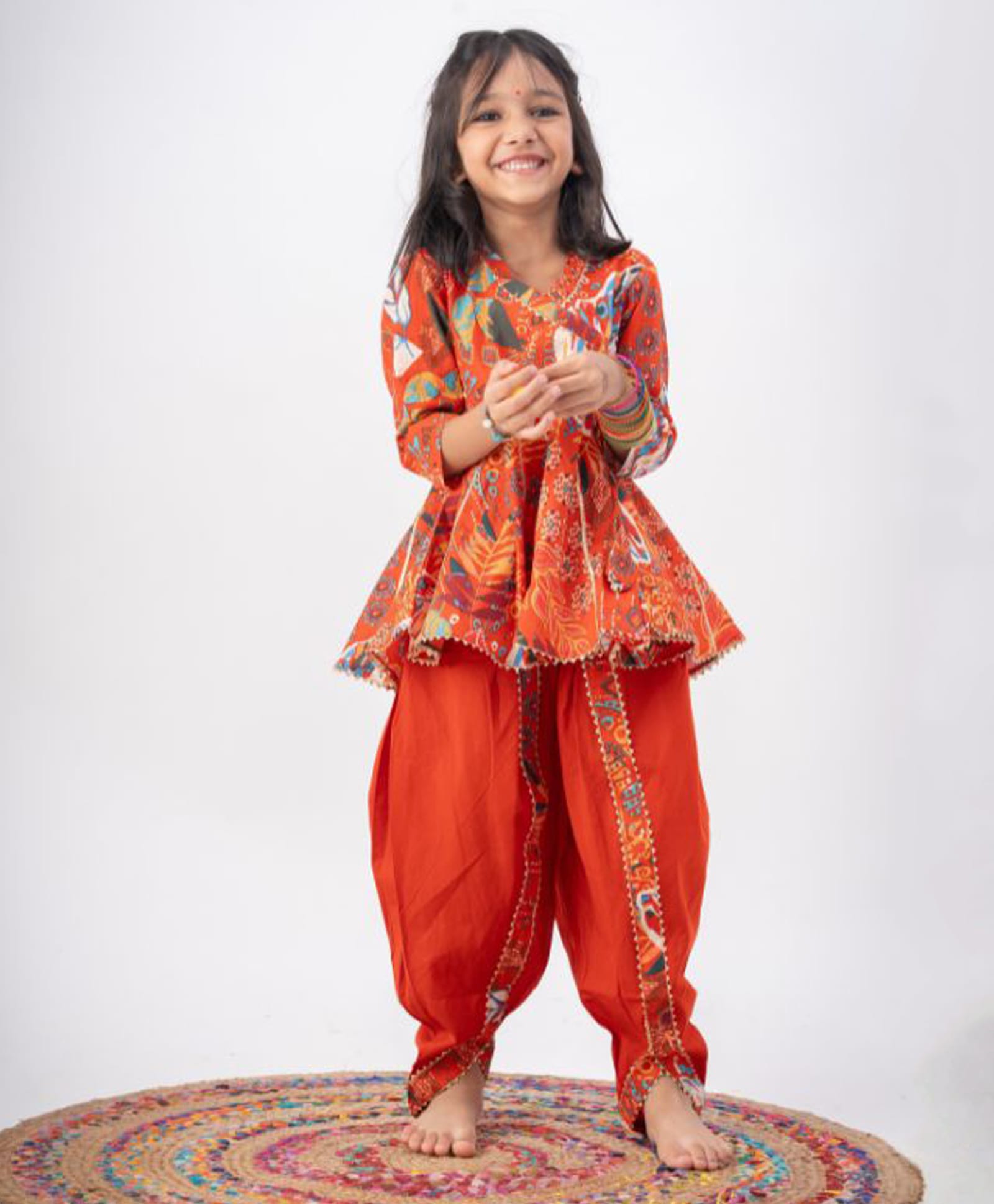 Peekaaboo Kids Cotton Woven Three Fourth Sleeves Leaves Printed Kurti & Dhoti Set - Rust-image-28