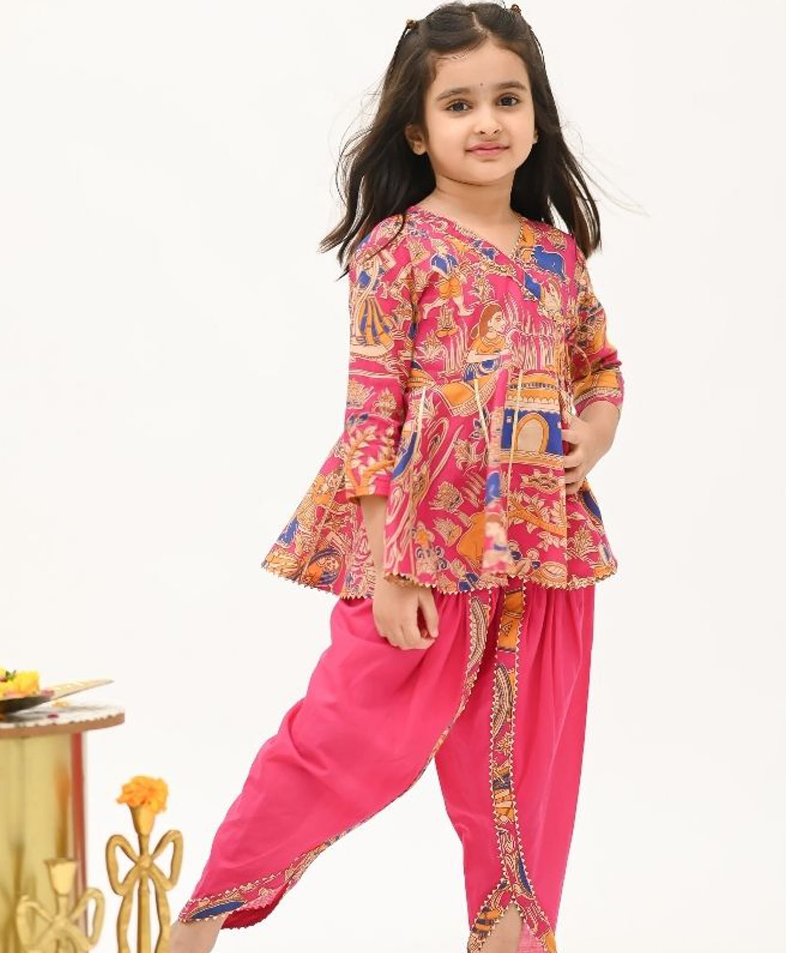 Peekaaboo Kids Cotton Woven Three Fourth Sleeves Village Theme Printed Kurti & Dhoti Set - Pink-image-6