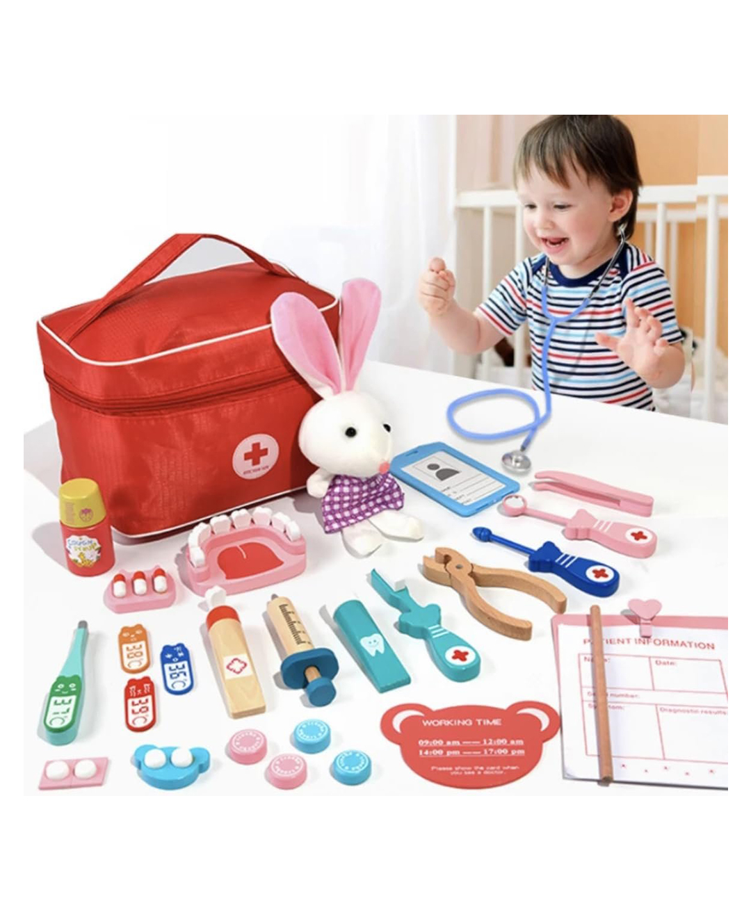 Sanjary Kids Doctor Pretend Play Medical Kit Wooden Toy Set With Bag Educational Role Play Dentist Tools Accessories For Toddlers Children color design may vary-image-30