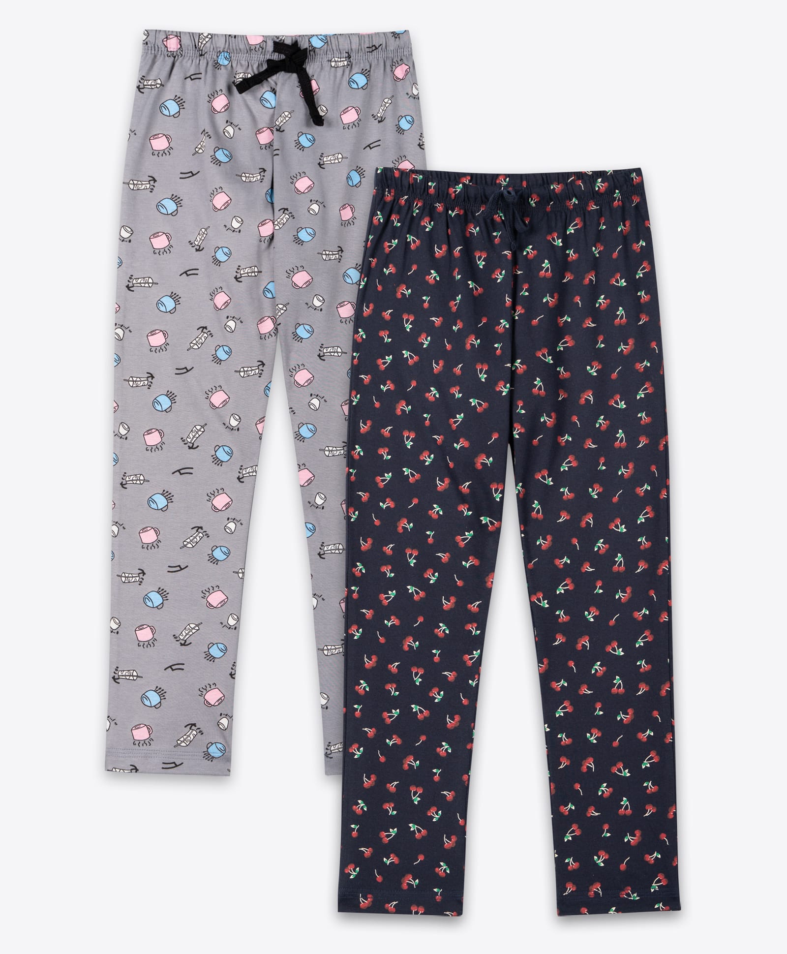 Ariel Cotton Knit Pack Of 2 Cup & Cherry Printed Pajamas - Grey & Black-image-45