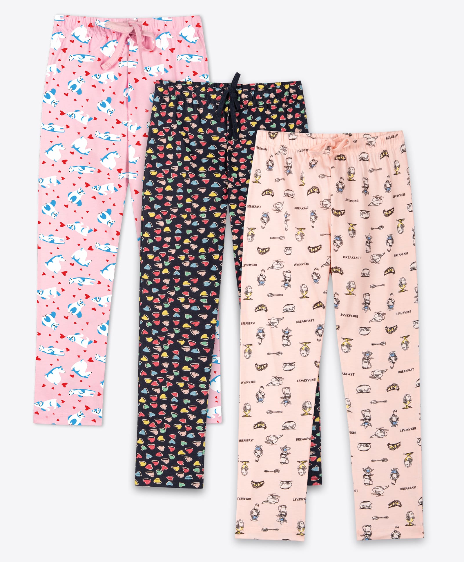Ariel Cotton Knit Pack Of 3 Hearts & Animal Printed Pajamas - Pink Multi Colour & Beige-picture-17