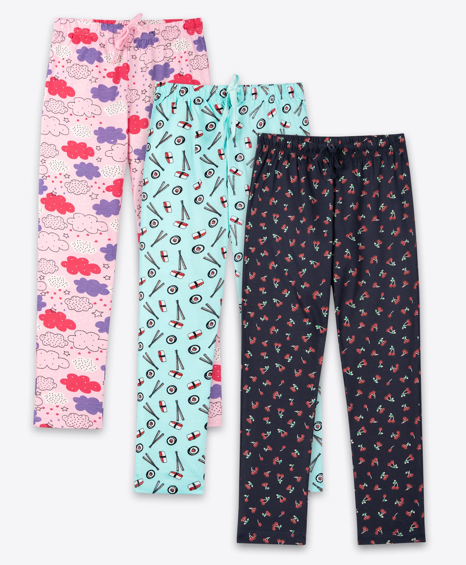 Ariel Pack Of 3 Cotton Knit Cloud & Cherry Printed Pajamas - Pink Blue & Black-picture-17