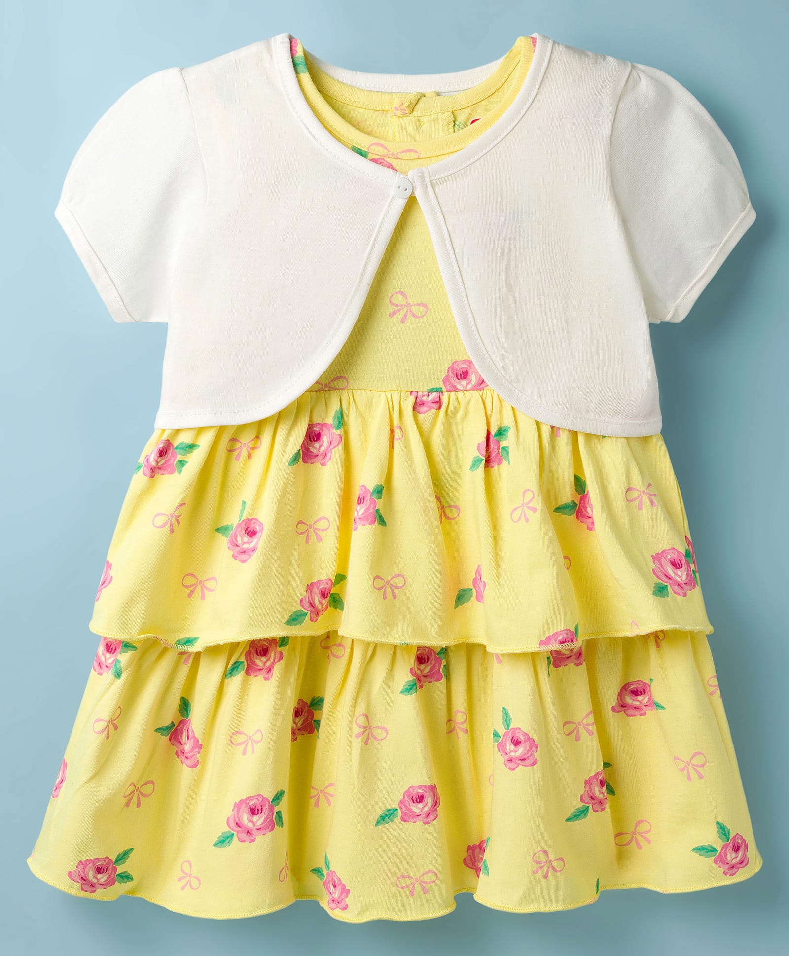 Babyhug Cotton Knit Frocks with Jacket/Shrug, Tiered, Round Neck, Short Sleeves, Floral Print Yellow 3-6 Months-image-48