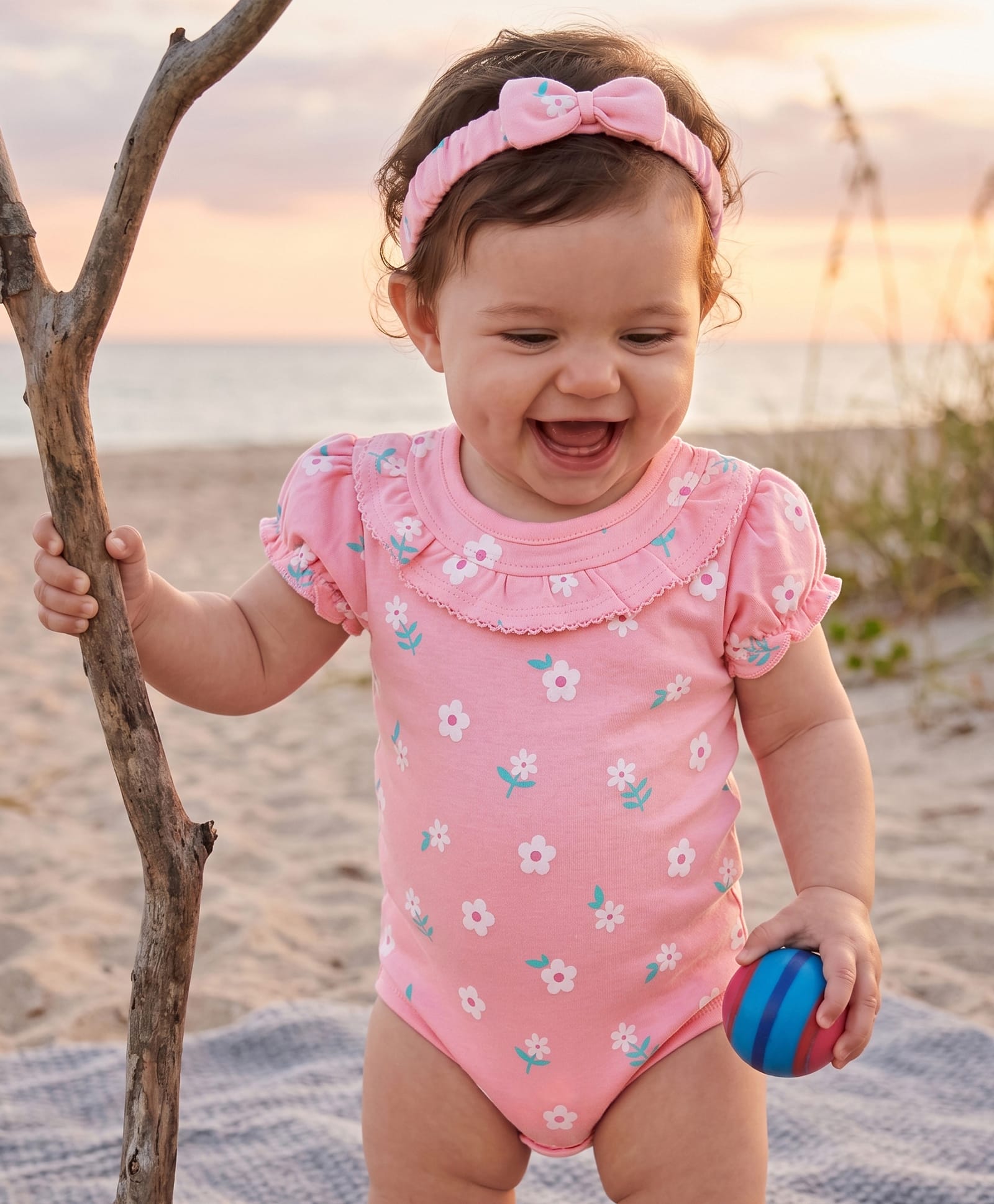 Babyhug 100% Cotton Knit Half Puffed Sleeves Floral Printed Onesie with Hairband - Light Pink-image-6
