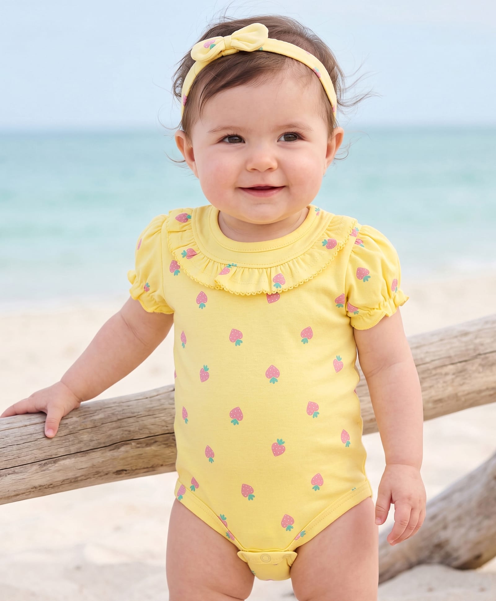Babyhug 100% Cotton Knit Half Puffed Sleeves Strawberry Printed Onesie with Hairband - Yellow-image-11