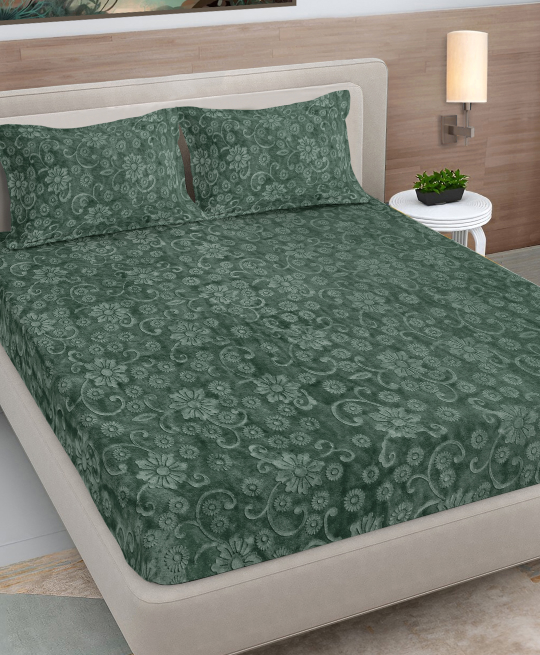 FABINALIV Sunny Green Floral Woollen Embossed King Size Fitted Double Bedsheet with 2 Pillow Covers-image-3
