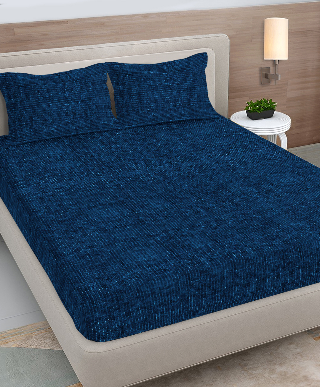 FABINALIV Navy Blue Striped 300 TC Woollen King Size Fitted Double Bedsheet with 2 Pillow Covers-image-34