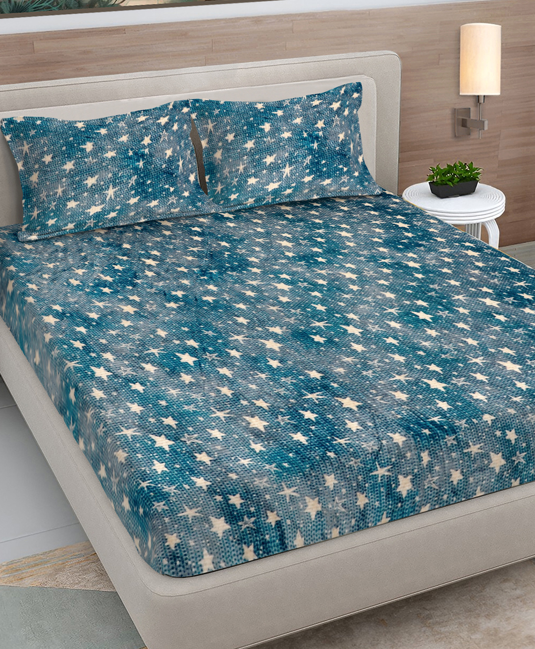 FABINALIV Turquoise Abstract Woollen King Size Fitted Double Bedsheet with 2 Pillow Covers-image-44