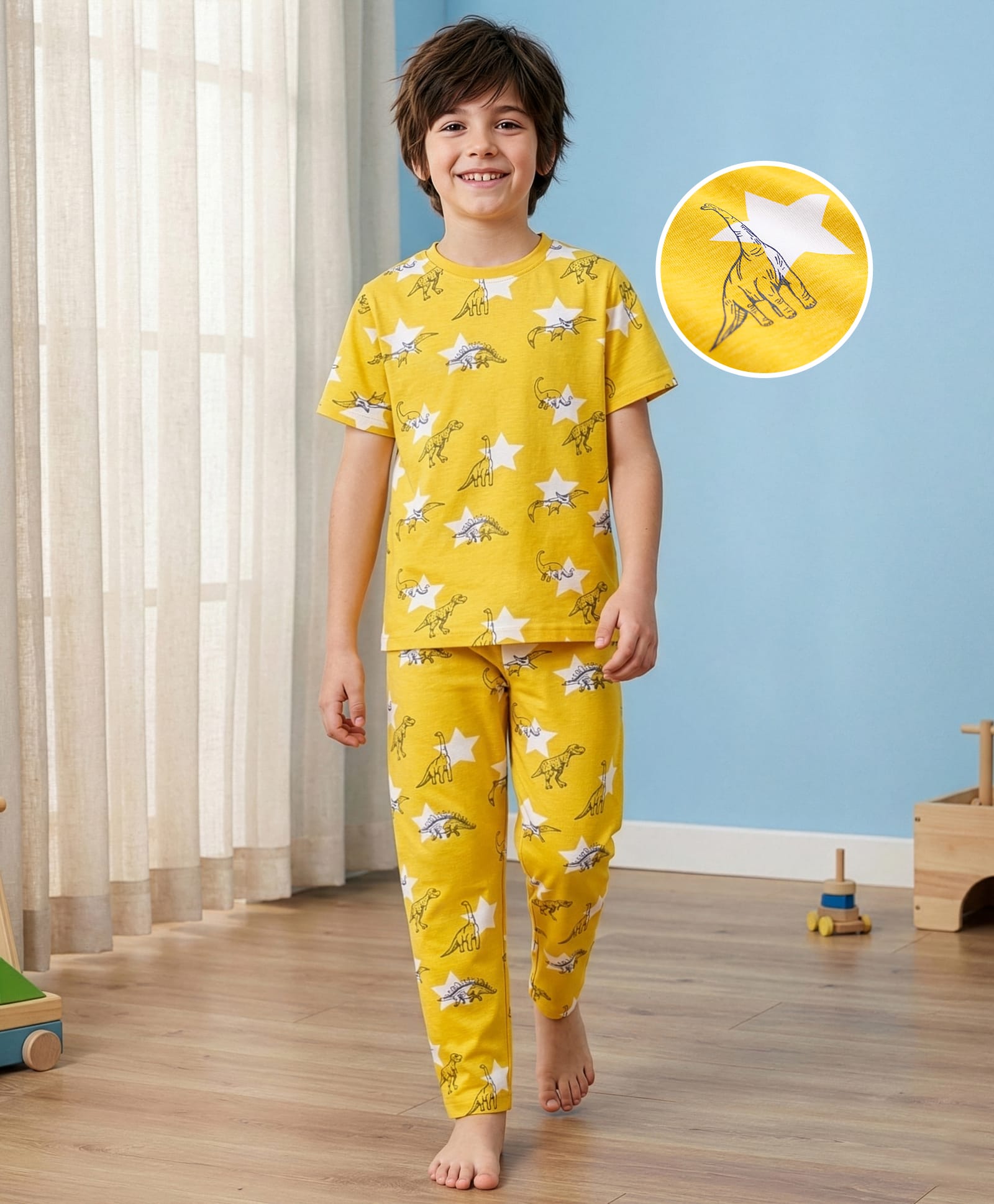 Pine Kids Cotton Knit Half Sleeves T-Shirt & Pyjama Co-ord Night Suit With Dino Print - Yellow-image-22